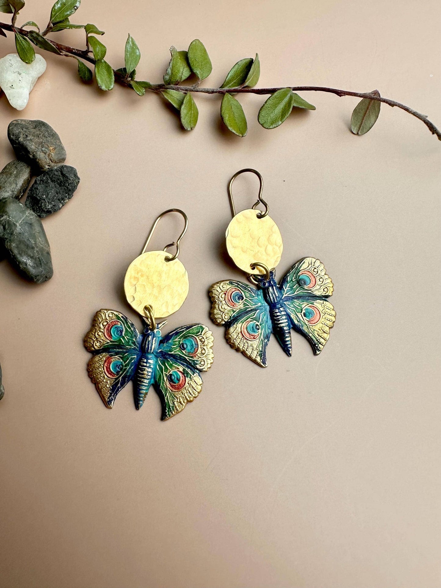 Peacock Butterfly Earrings - Hand Painted Brass Dangles