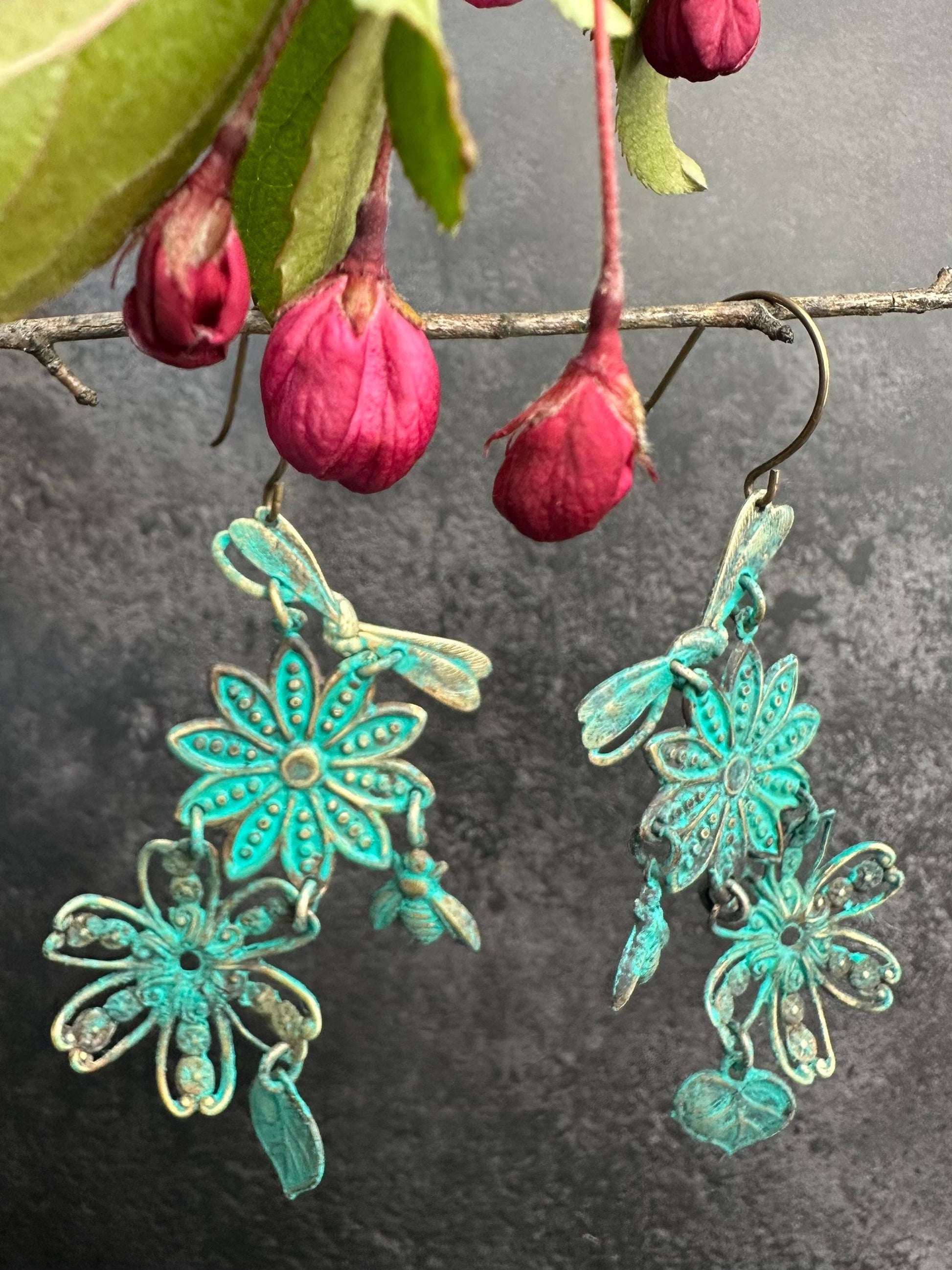 Patina Floral Insect Earrings