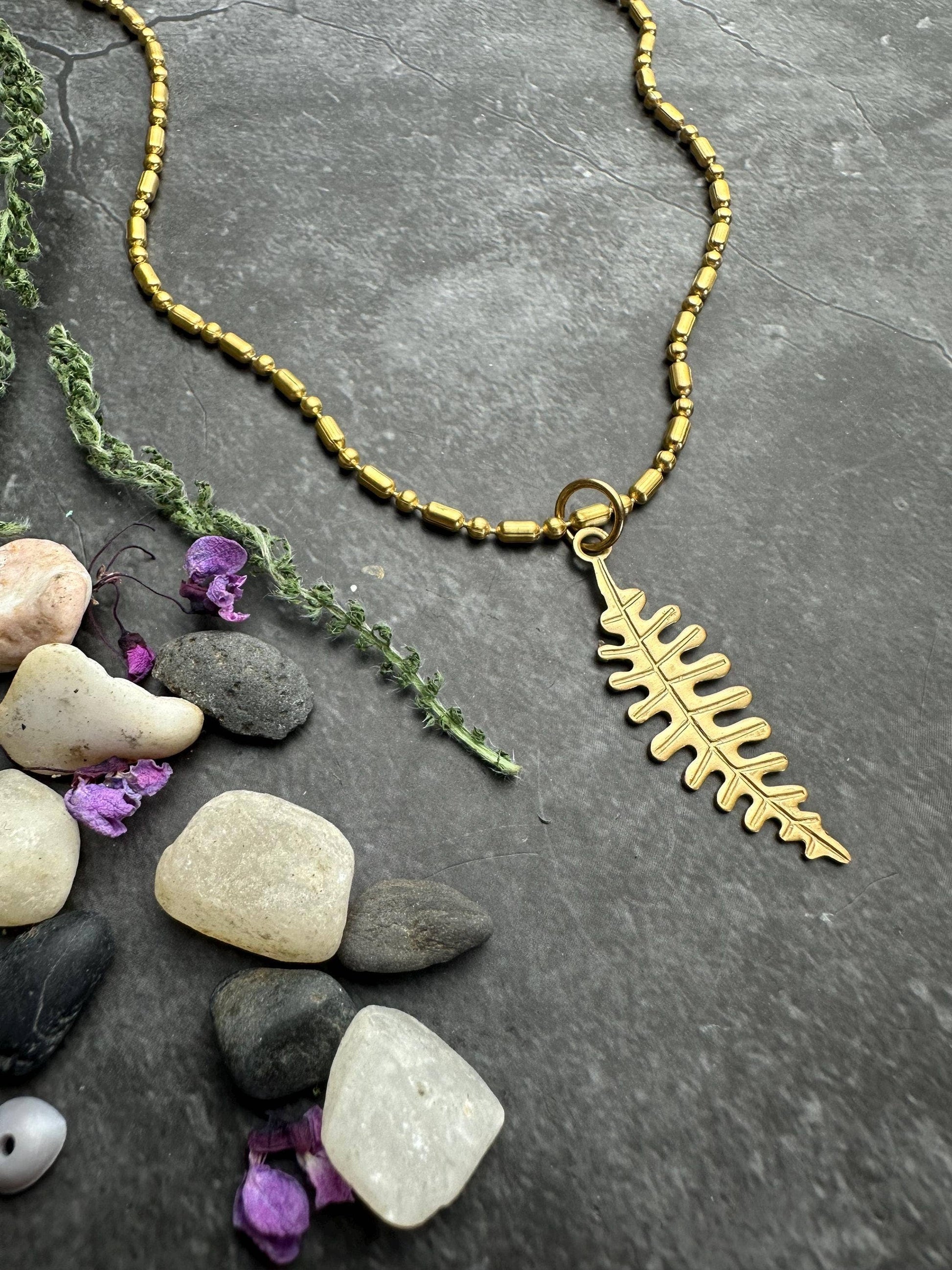Fern Leaf Necklace Brass Pendant, Botanical , Woodland Style