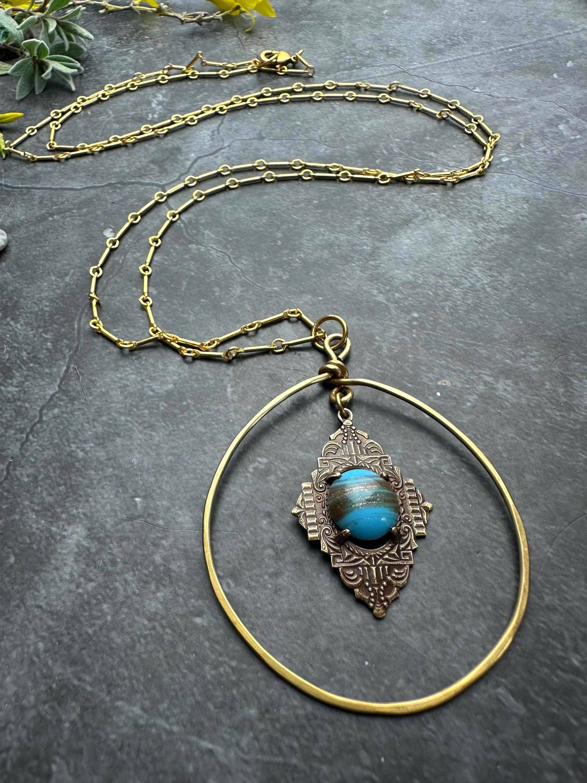 Venetian Glass Hoop Pendant Necklace - Brass Halo Pendant