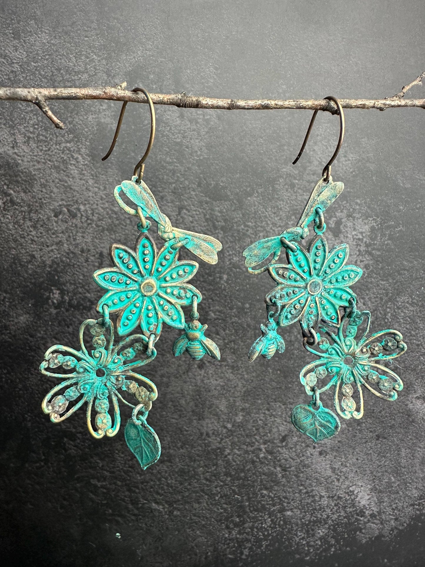 Patina Floral Insect Earrings