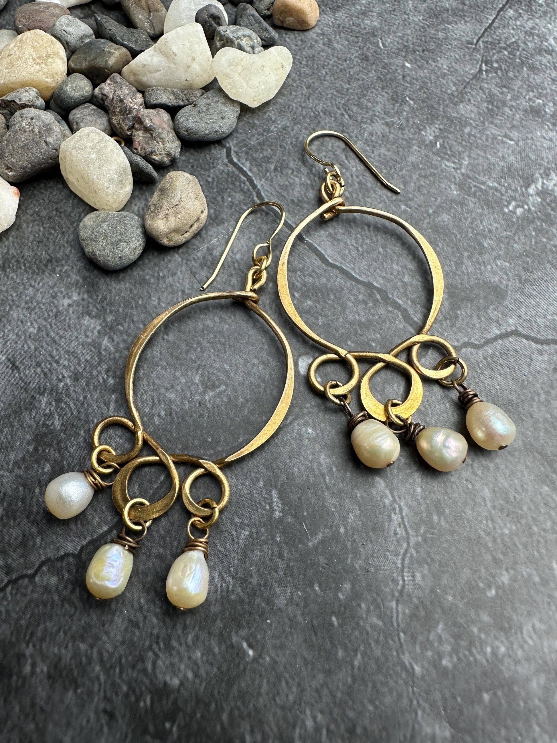 Formed & Hammered Wire Natural Pearl Earrings - Solid Brass