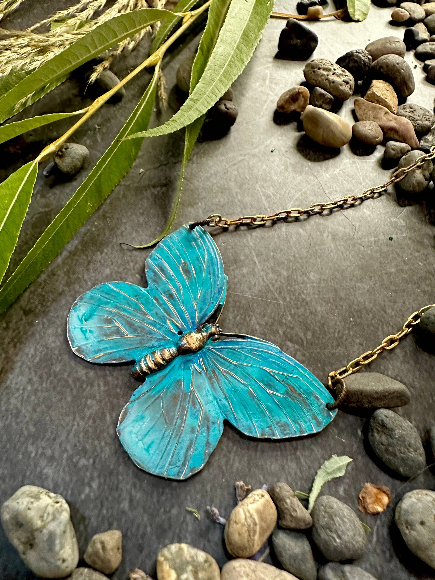 Verdigris Butterfly Necklace- Handmade Patina Solid Brass