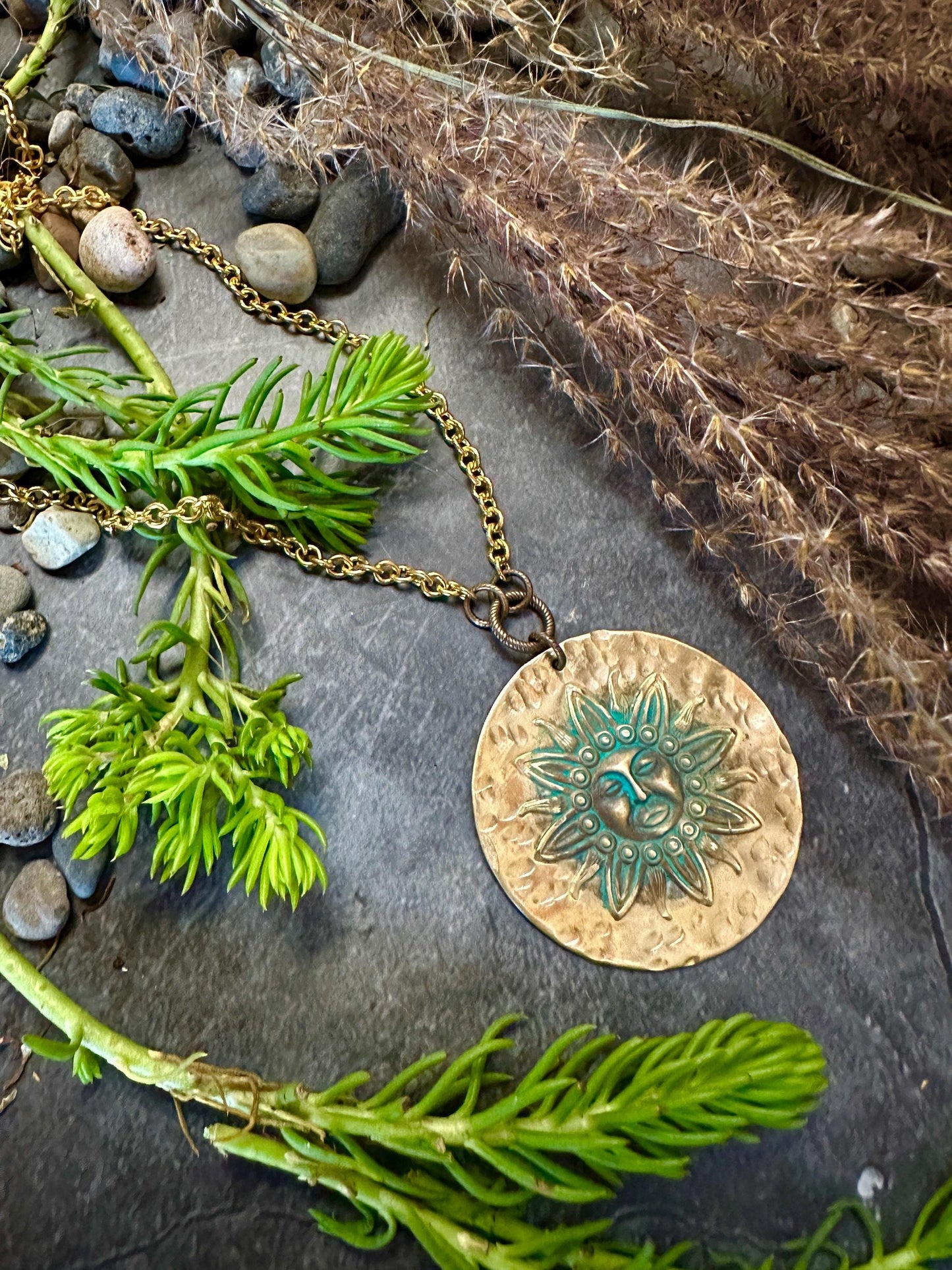 Sun Medallion Necklace - Handmade Solid Beaten Hammered Brass Green Hand Patina Finish