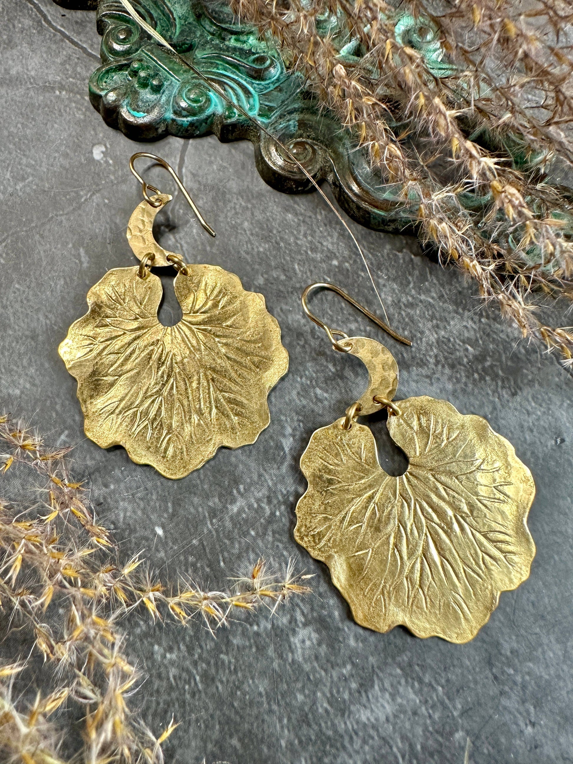 Lily Moon Earrings- Handmade Beaten Brass