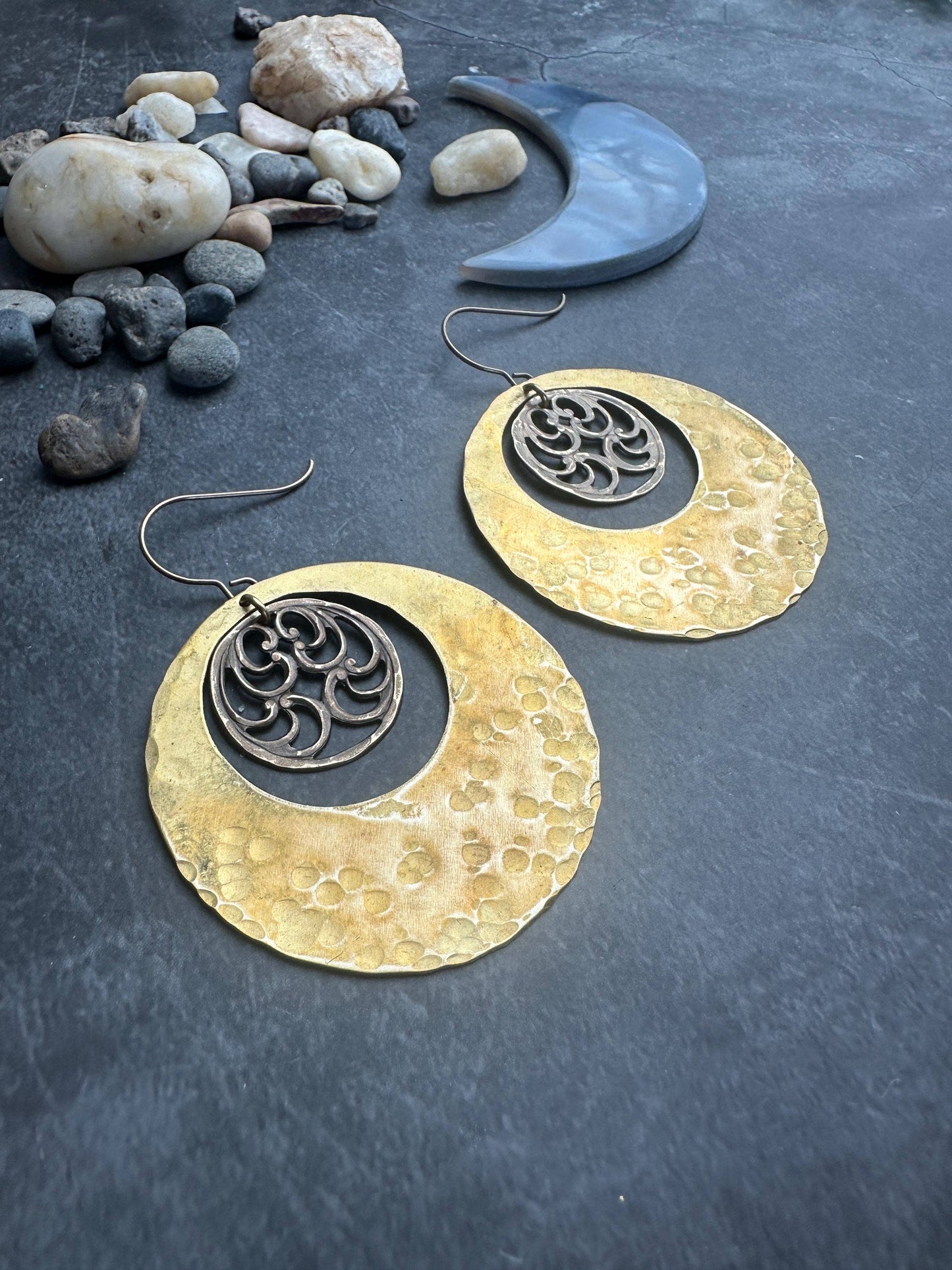 Large Geometric Hoop Earrings - Hand Hammered Solid Brass