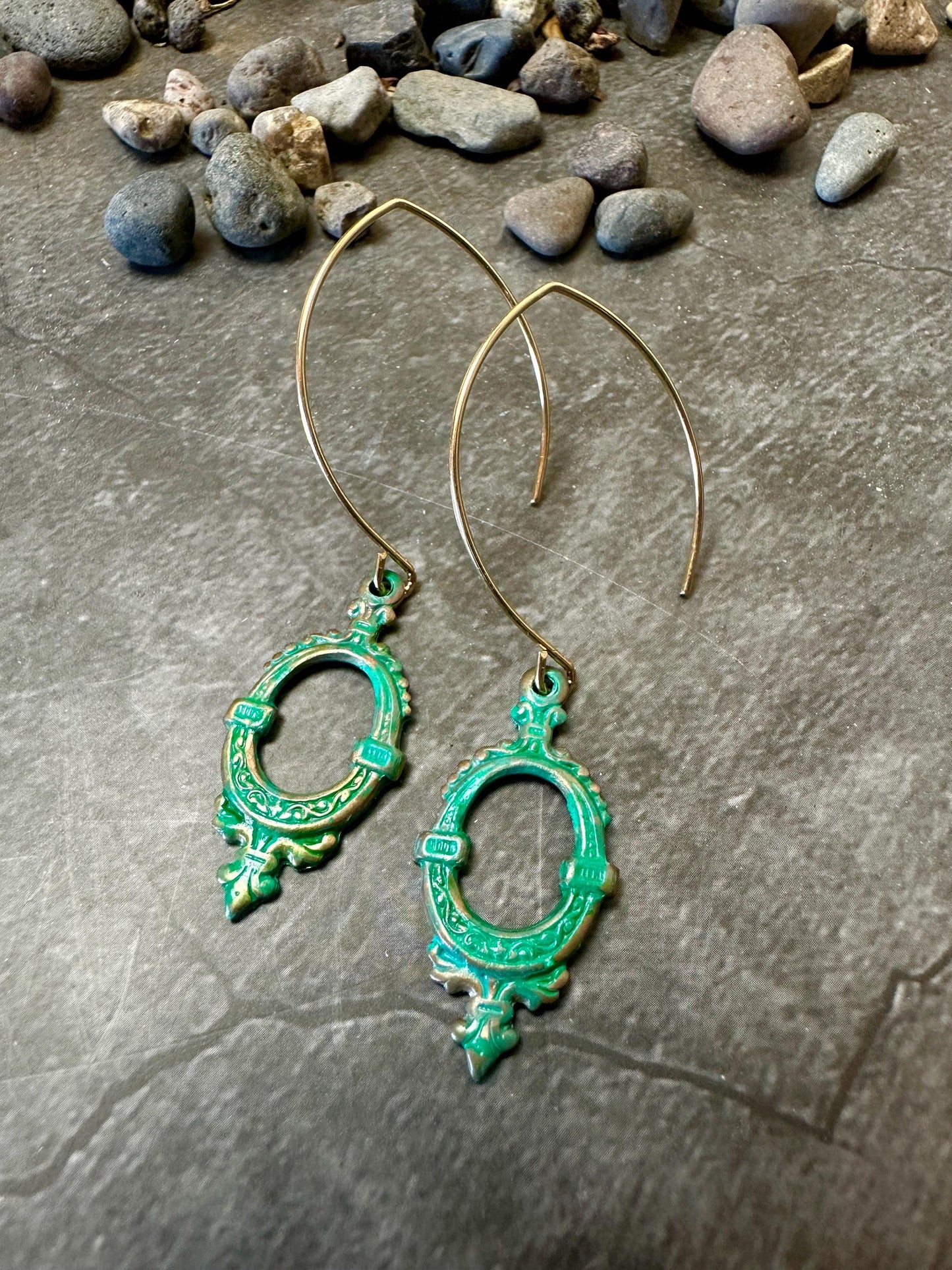 Victorian Frame Earrings Oval Garden Window - Handmade Solid Brass Green Hand Patina