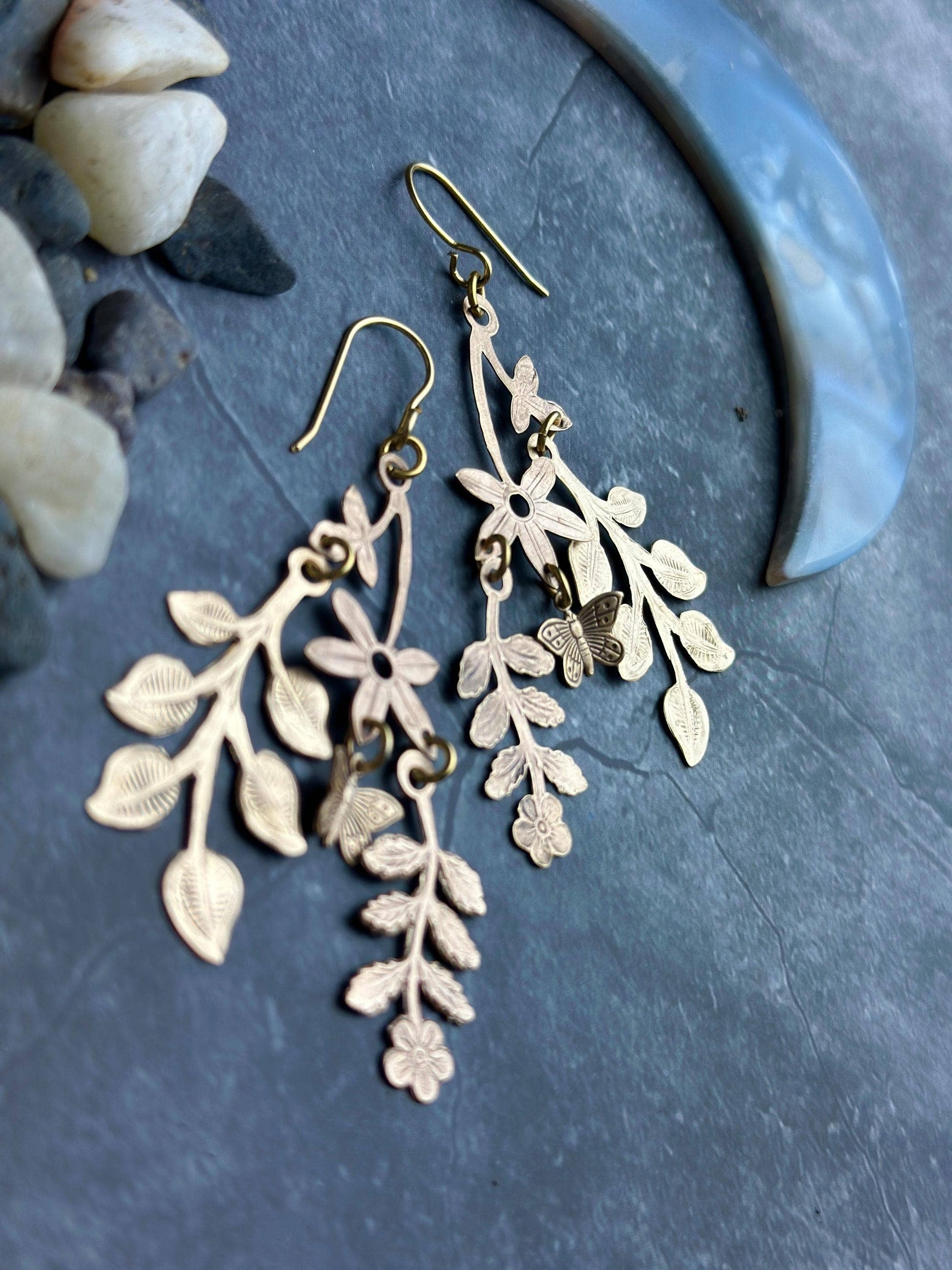 Wildflower Foliage Butterfly Earrings- Beaten Solid Brass