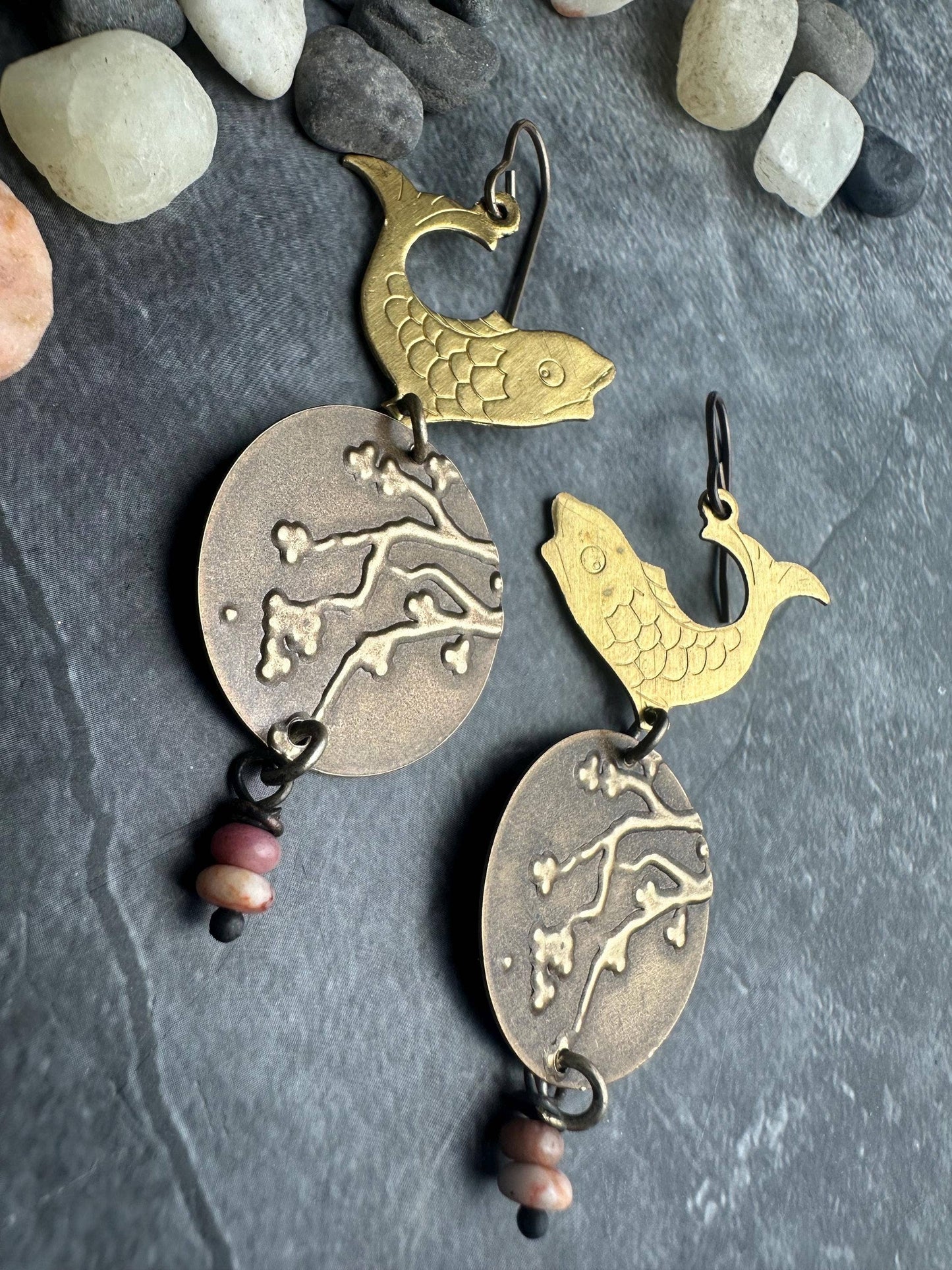 Koi Fish Cherry Blossom Earrings with Strawberry Quartz