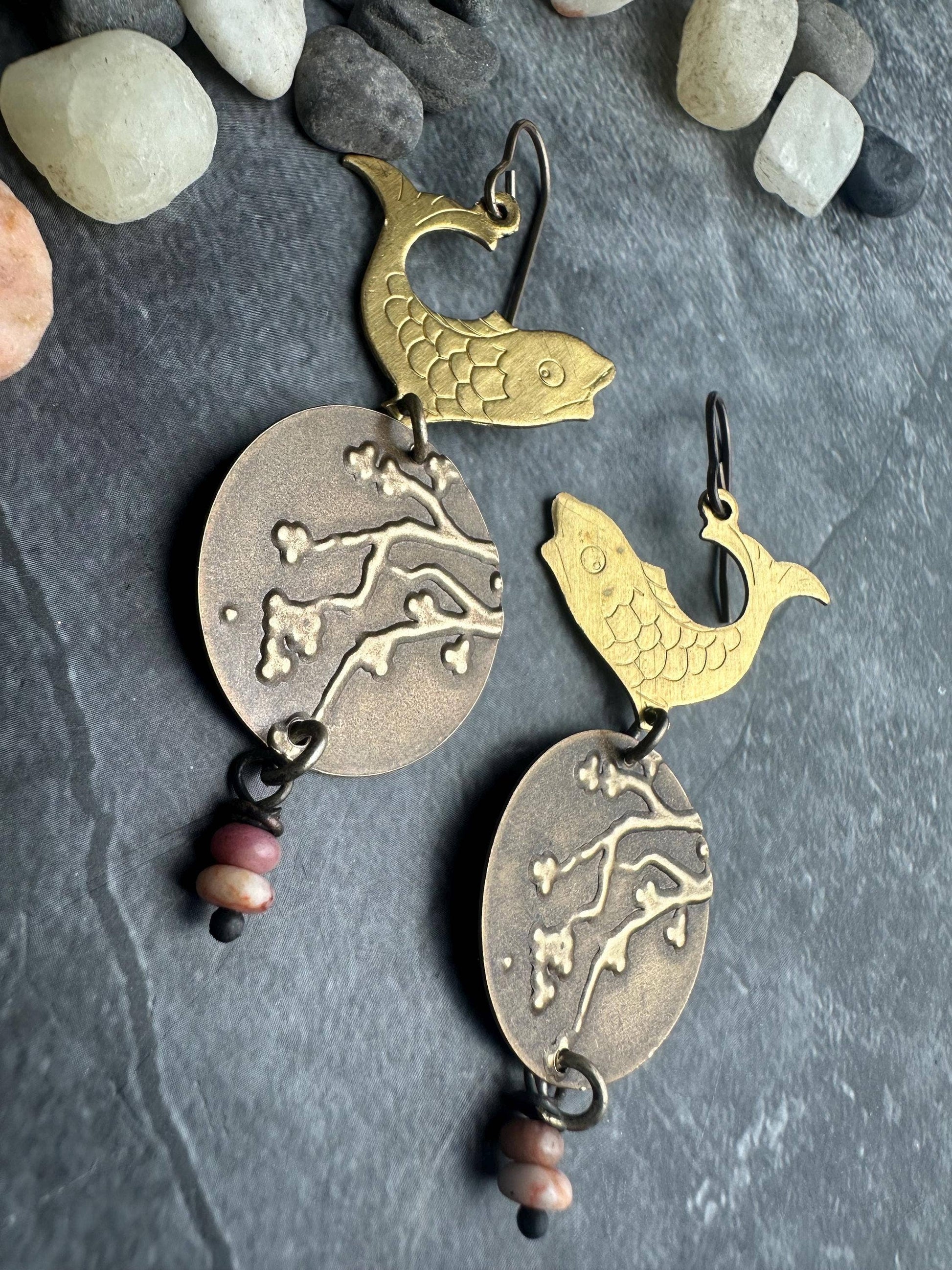 Koi Fish Cherry Blossom Earrings with Strawberry Quartz