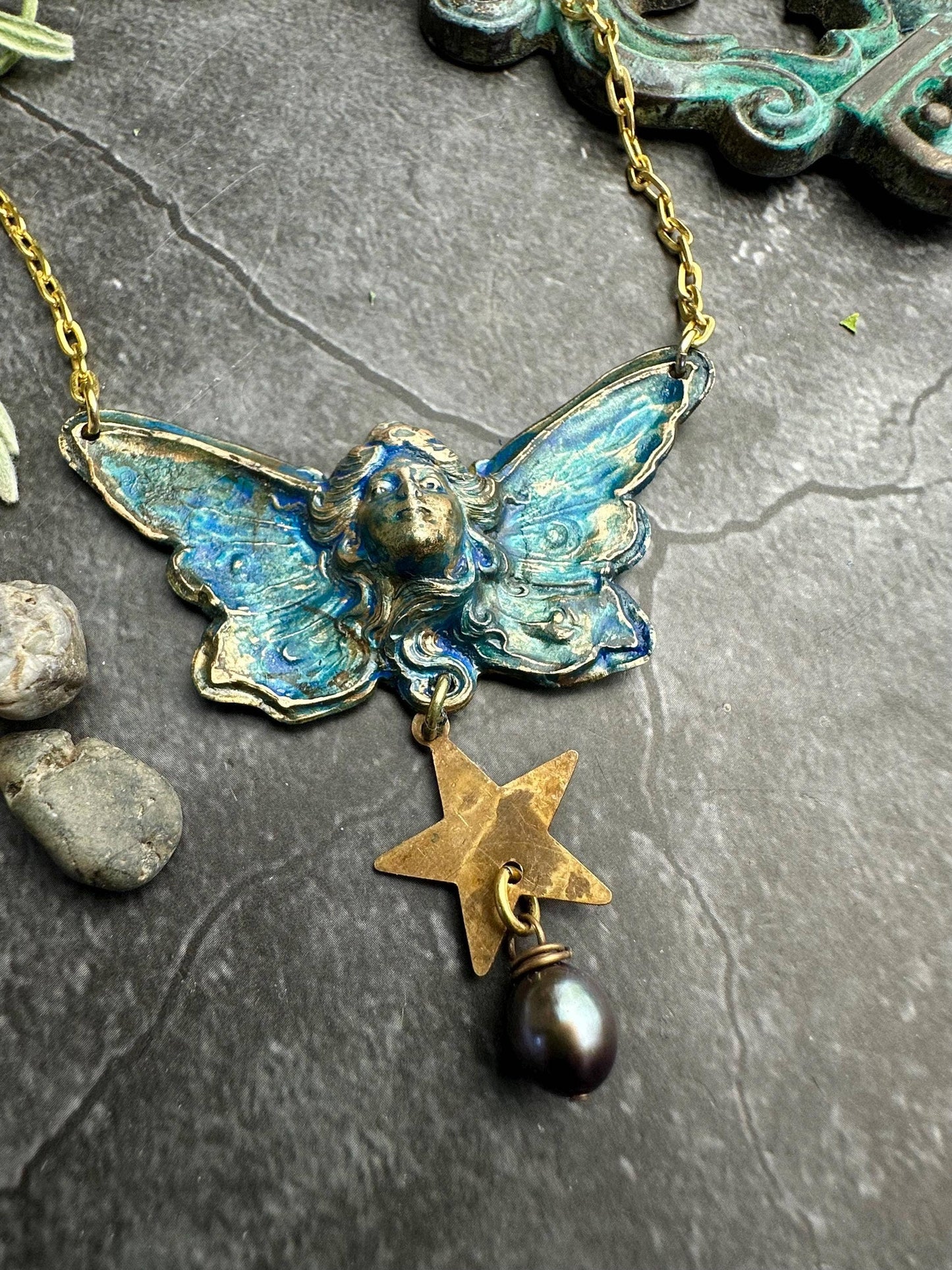 Butterfly Goddess Necklace, Art Nouveau Brass Patina Pendant