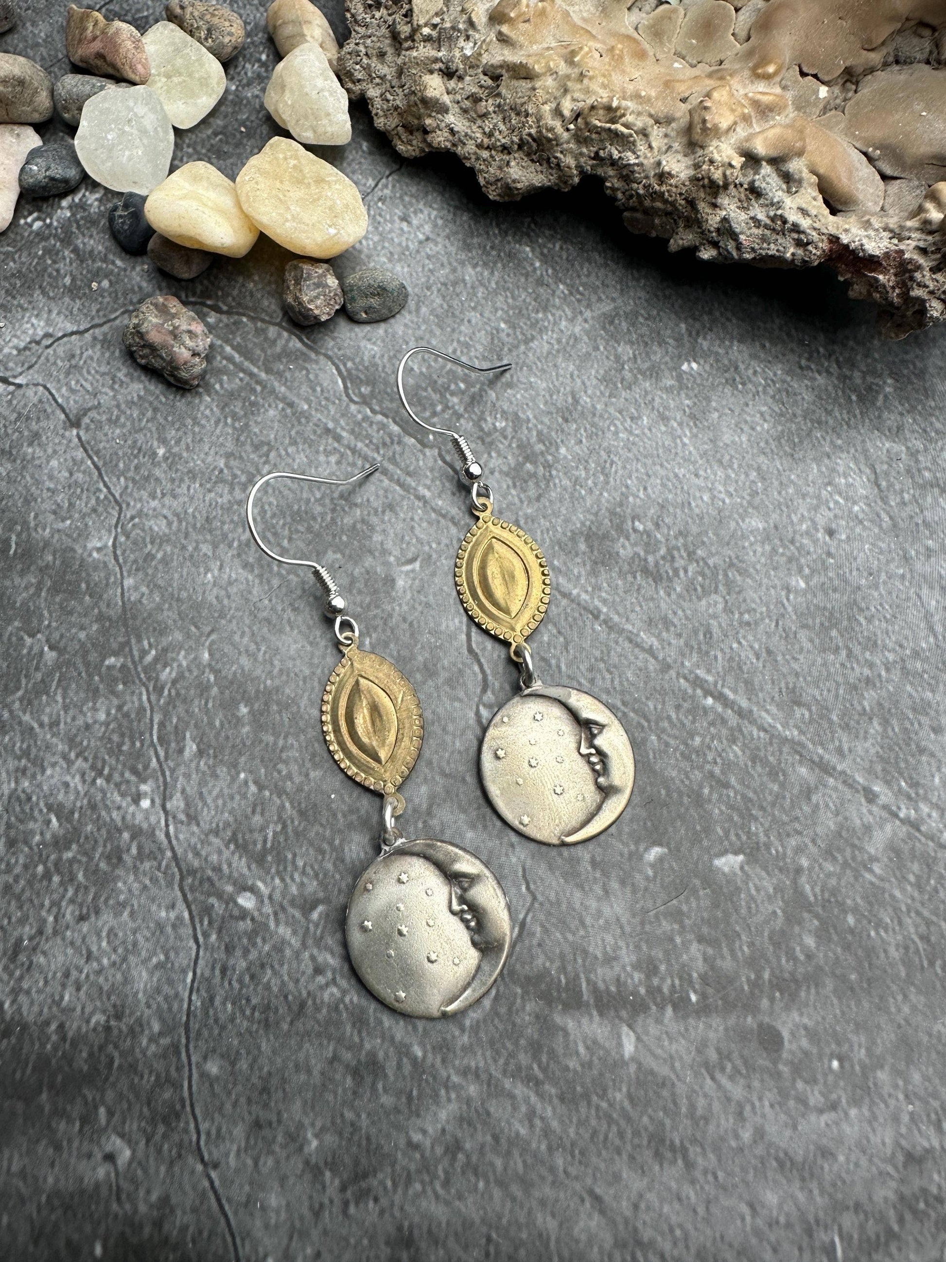 Handcrafted Man in the Moon Burnished Silver Coin Earrings