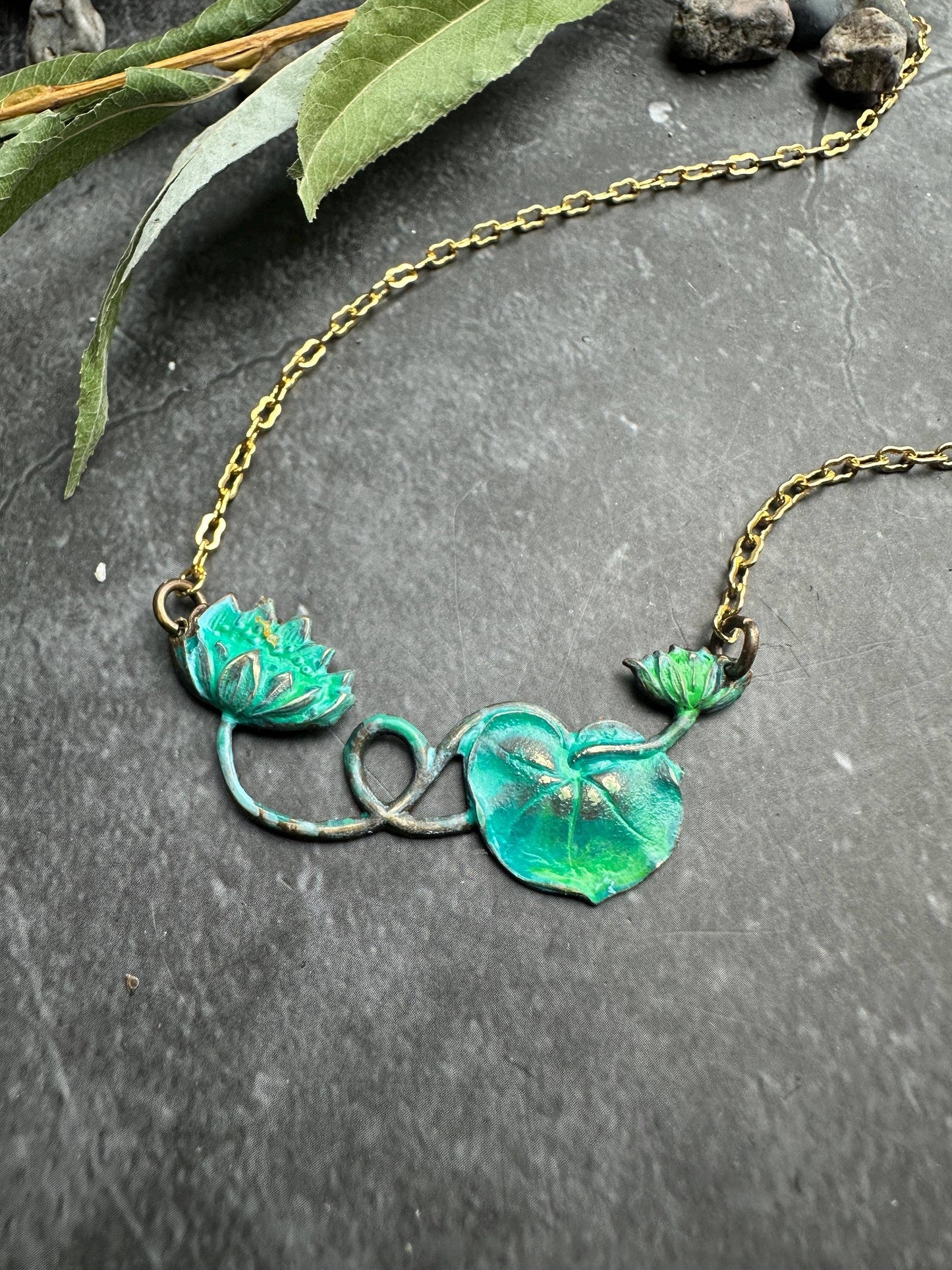 Verdigris Green water lily pad Necklace - Solid Brass