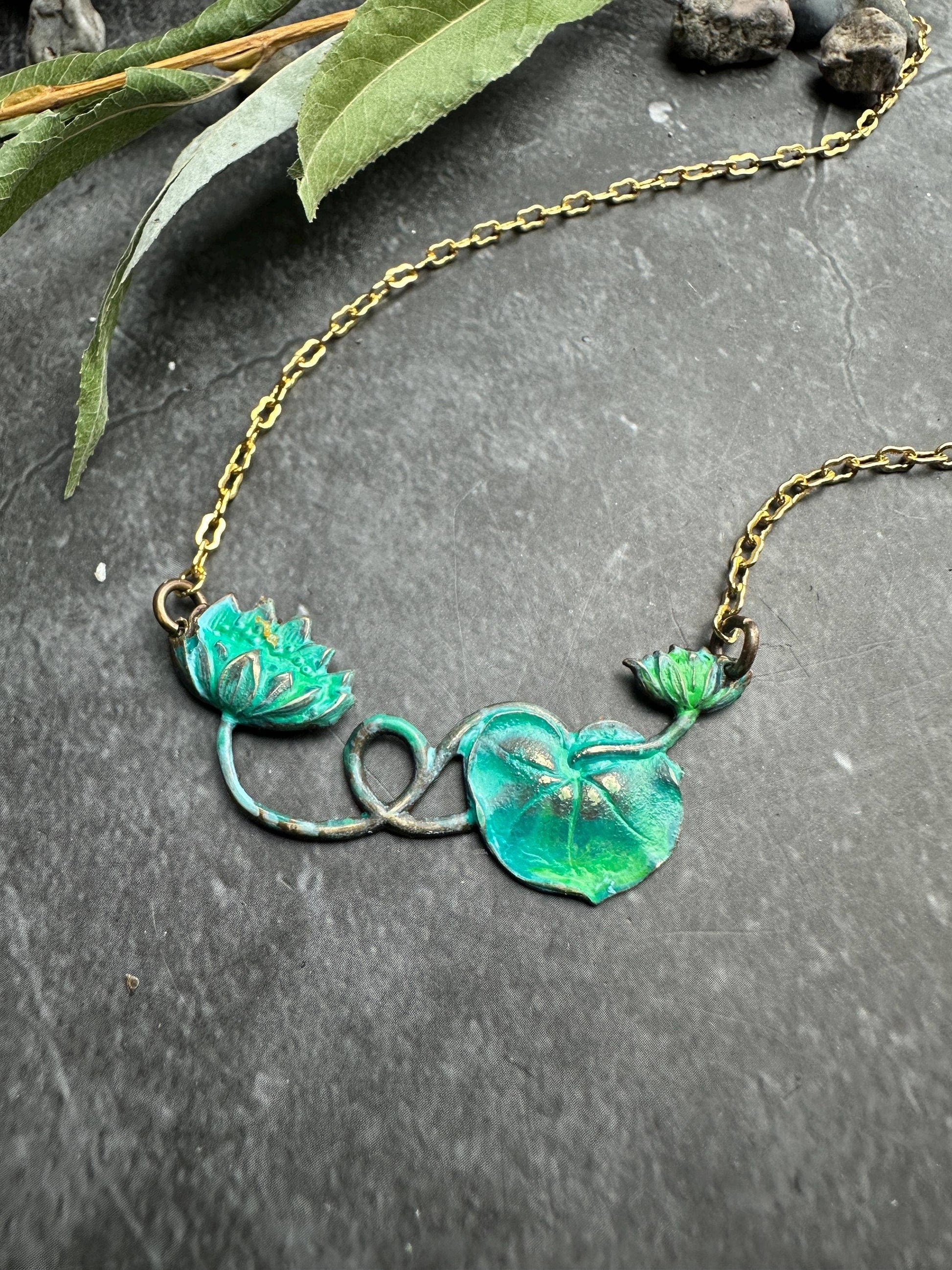 Verdigris Green water lily pad Necklace - Solid Brass