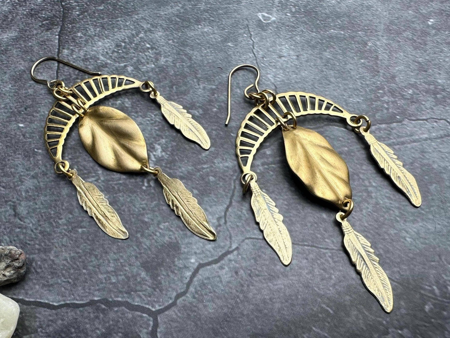 Arching Moon Feather Statement Earrings - Beaten Solid Brass