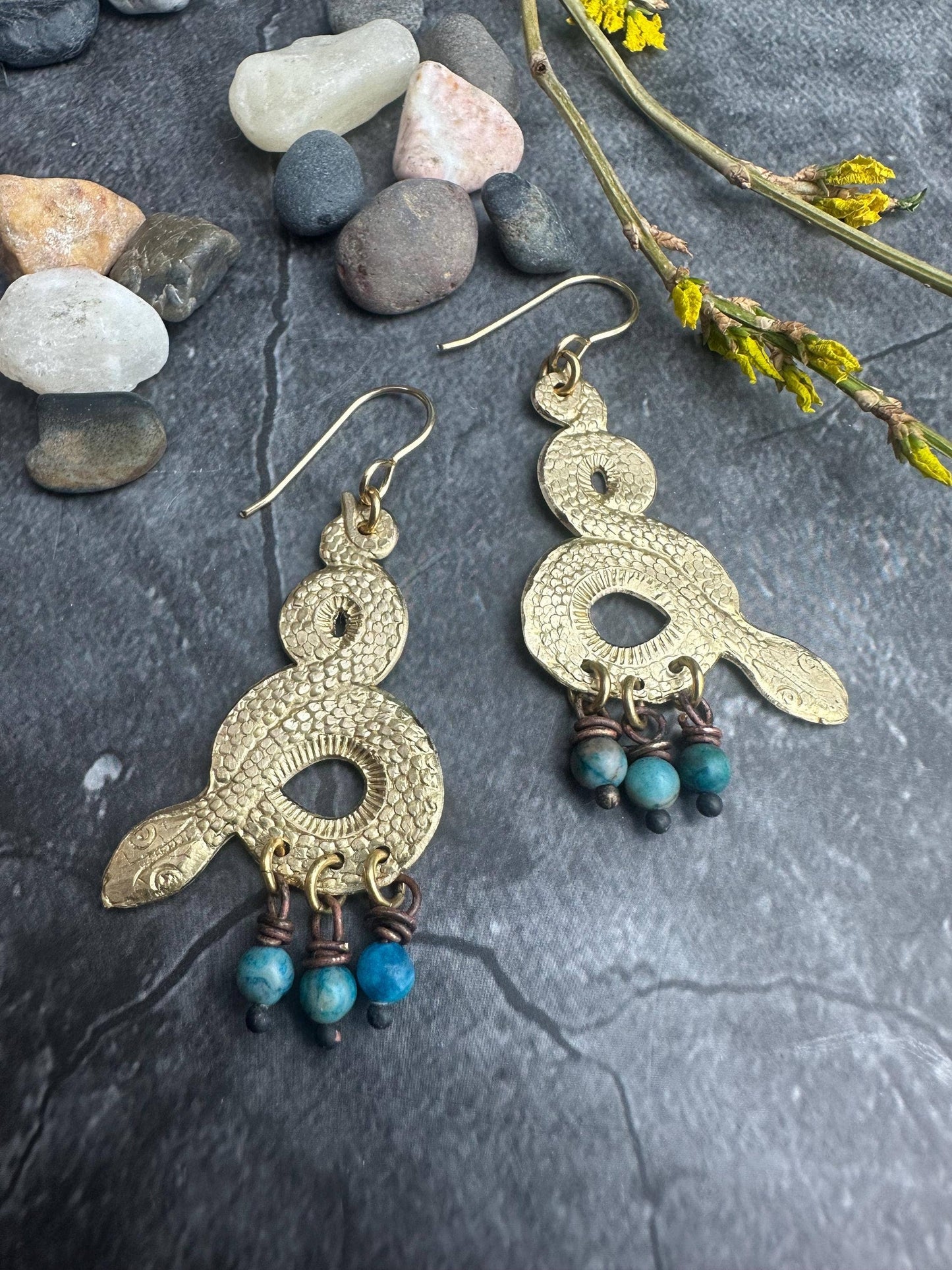 Snake Dangle Earrings - Brass Serpent with Blue Agate Drops