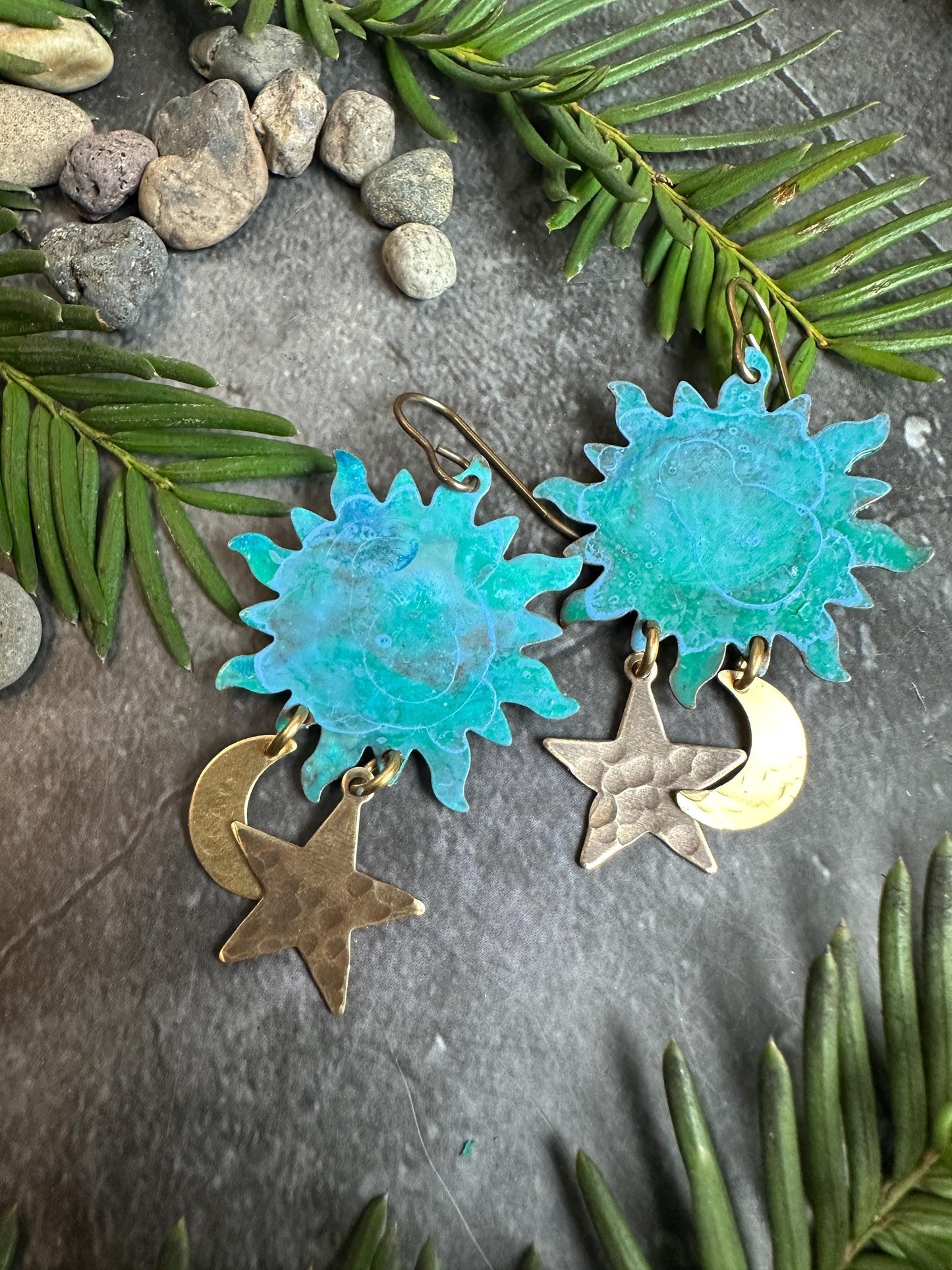 Celestial Sun Moon & Stars Earrings - Handmade Solid Beaten Brass Hand Patina