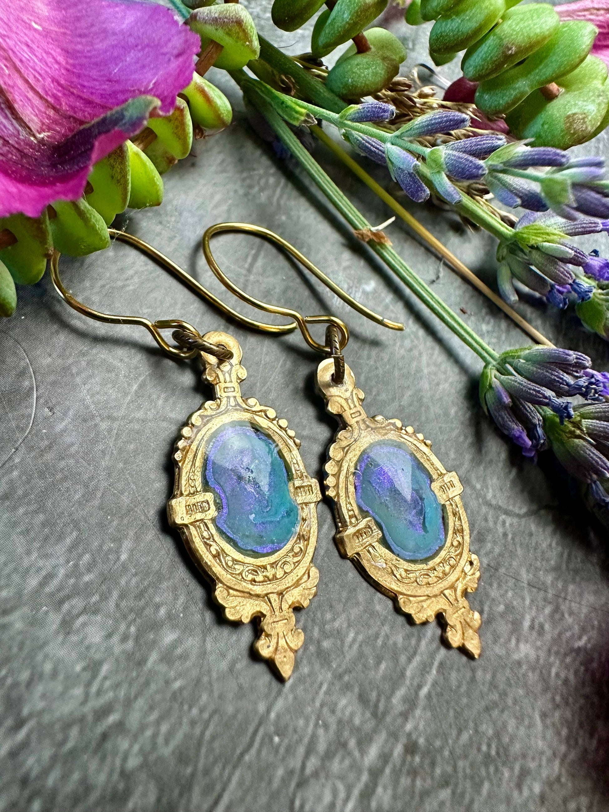 Gilded Pool Iridescent Earrings- Hand Beaten Brass Resin