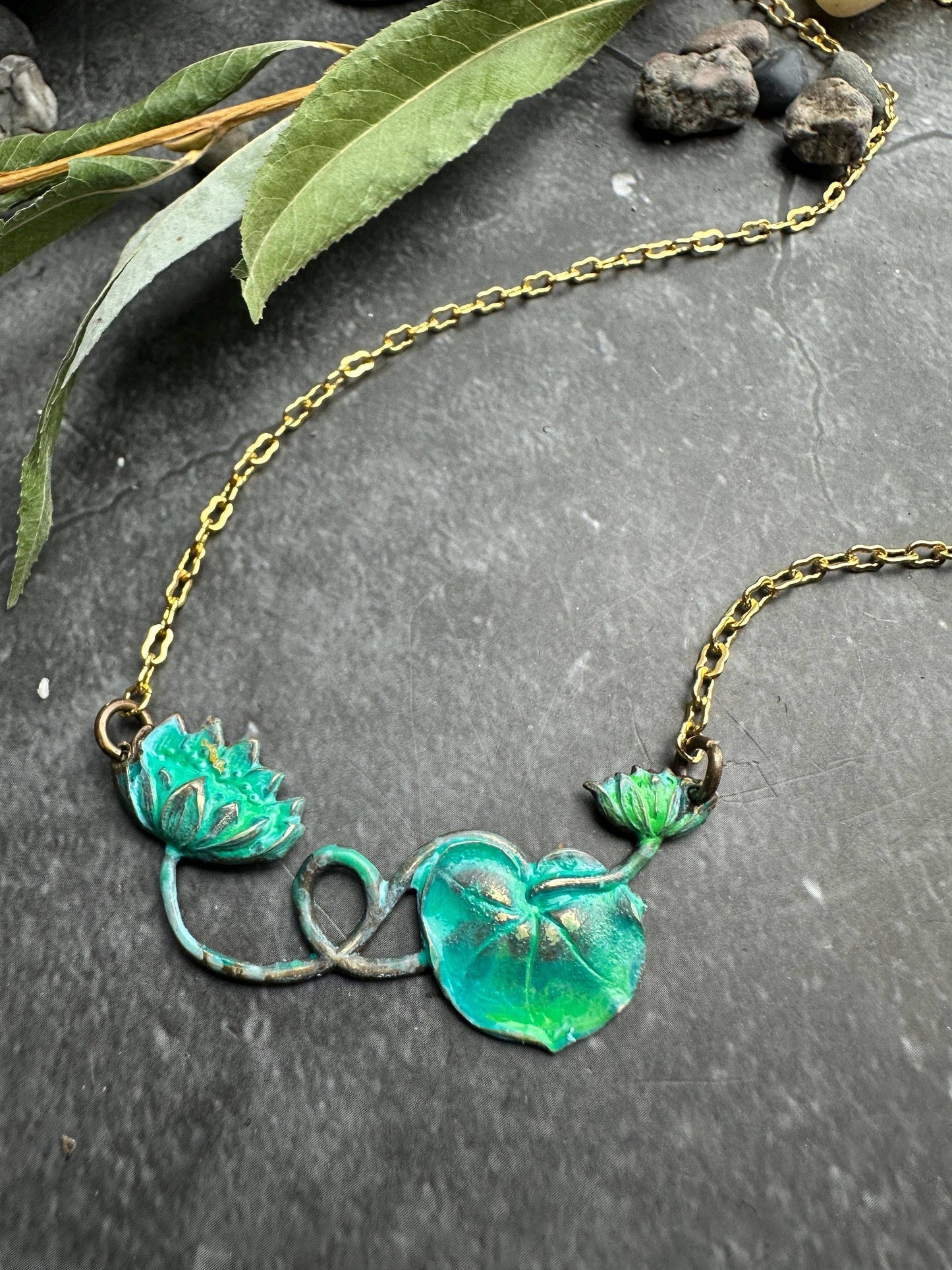 Verdigris Green water lily pad Necklace - Solid Brass