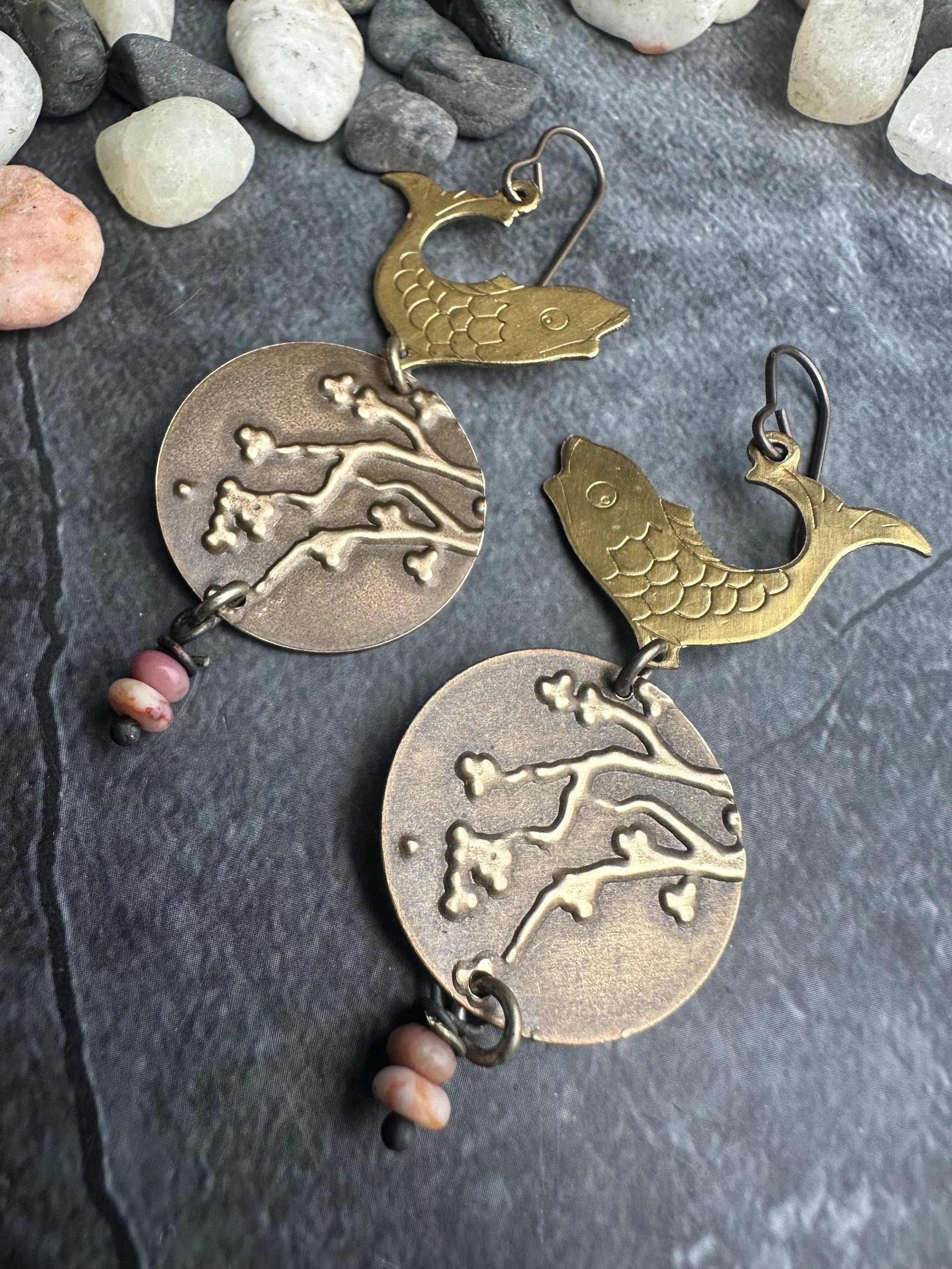 Koi Fish Cherry Blossom Earrings with Strawberry Quartz
