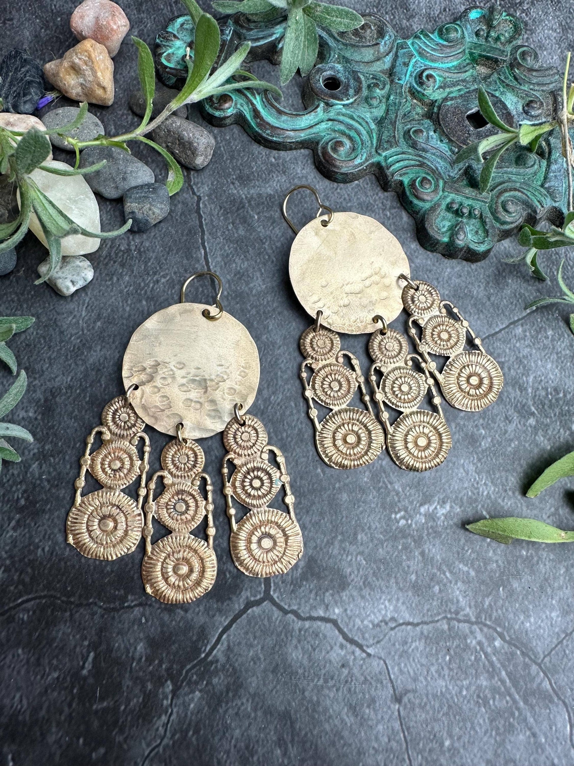 Brass Sunburst Fringe Earrings