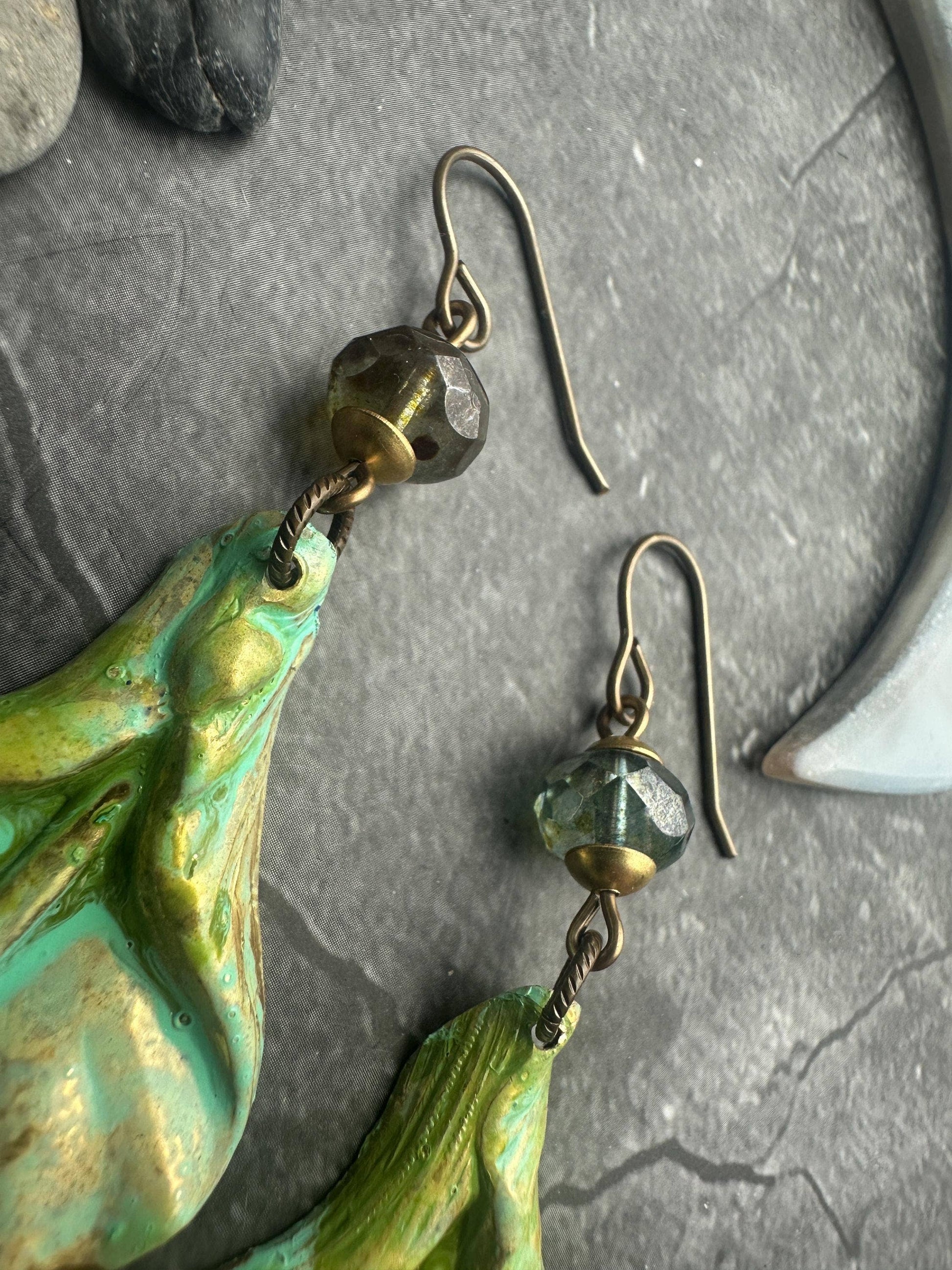 Gilded Lily Earrings- Handmade Solid Brass Green Patina