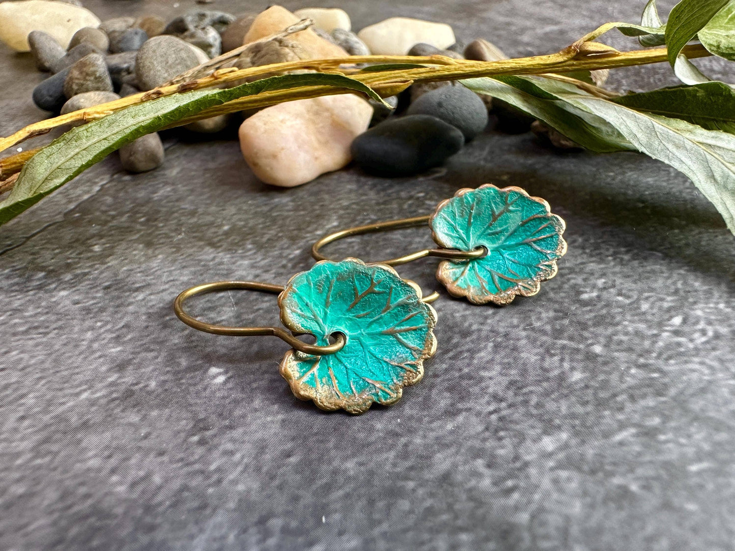Lily Pad Leaf Earrings - Brass with Tiffany Green Patina