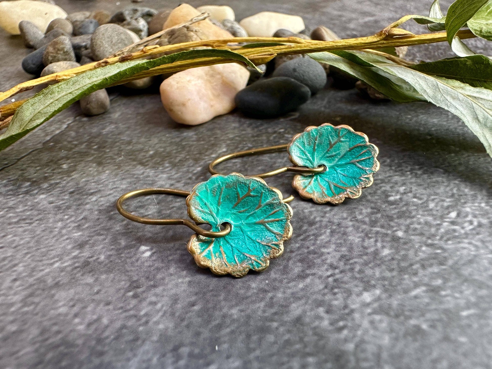 Lily Pad Leaf Earrings - Brass with Tiffany Green Patina