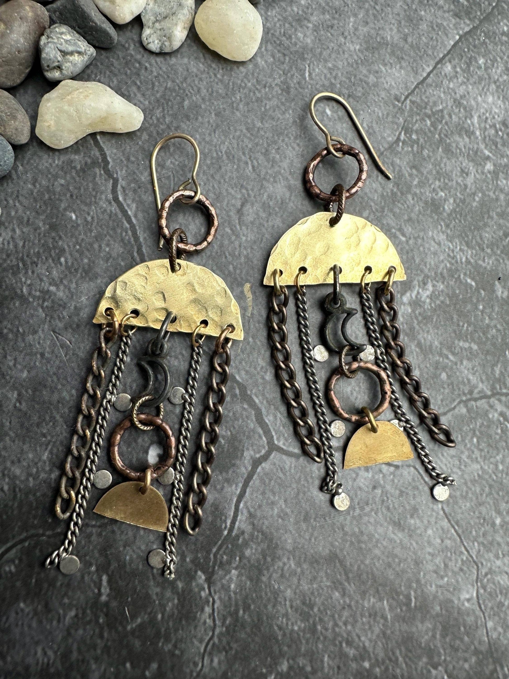 Lunar Landing Earrings- Handmade Hammered Brass & Silver ox