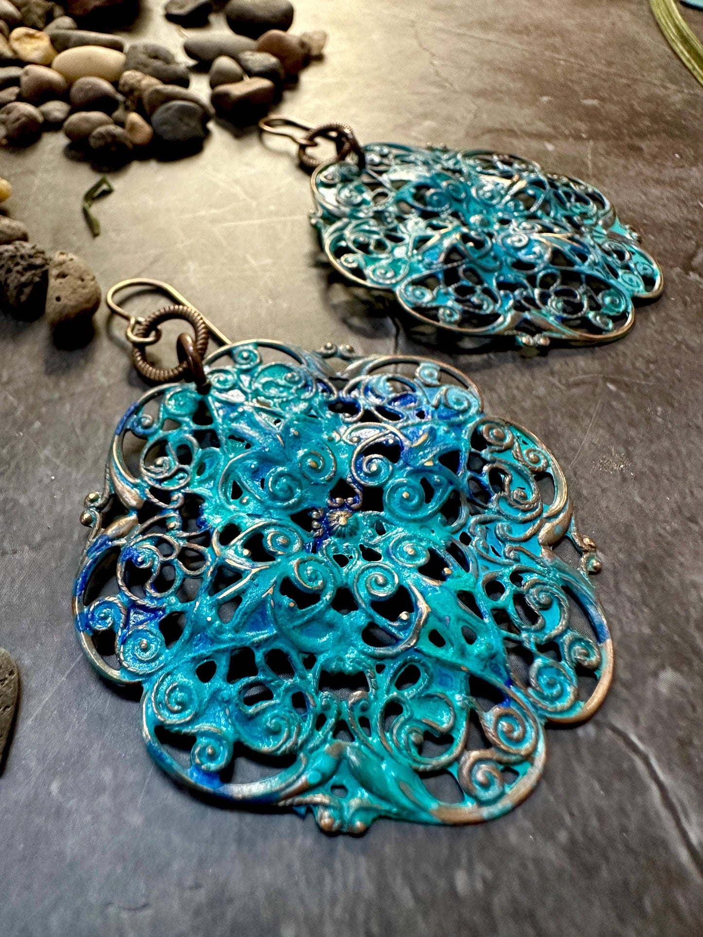 Verdigris Blue Filigree Earrings- Handmade Solid Brass