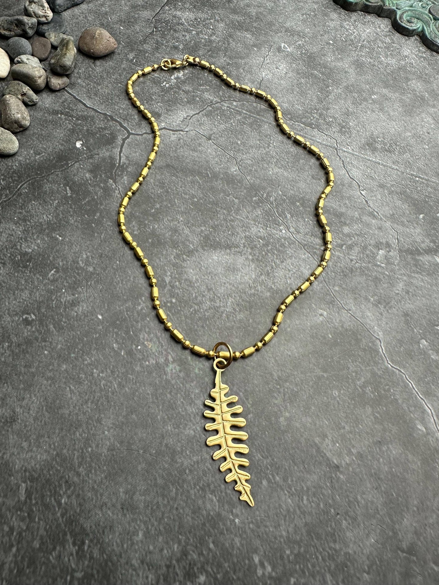 Fern Leaf Necklace Brass Pendant, Botanical , Woodland Style