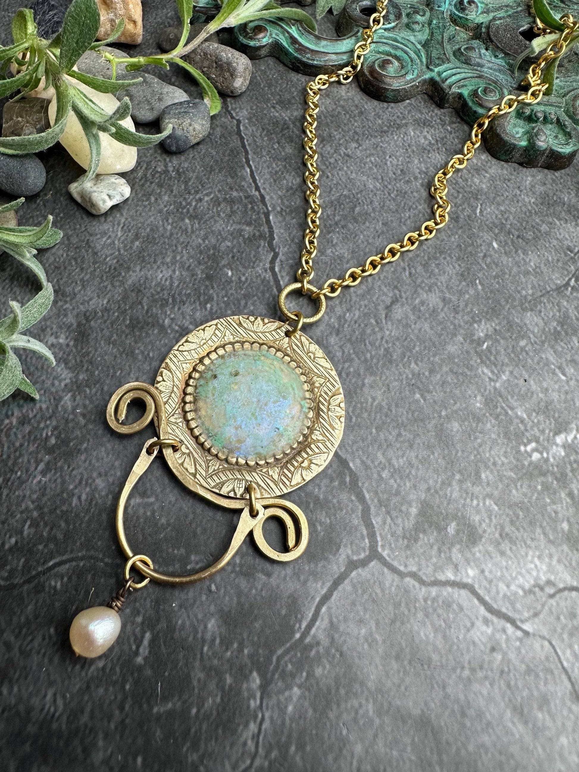 Ancient Inspired Brass Medallion Necklace with Pearl