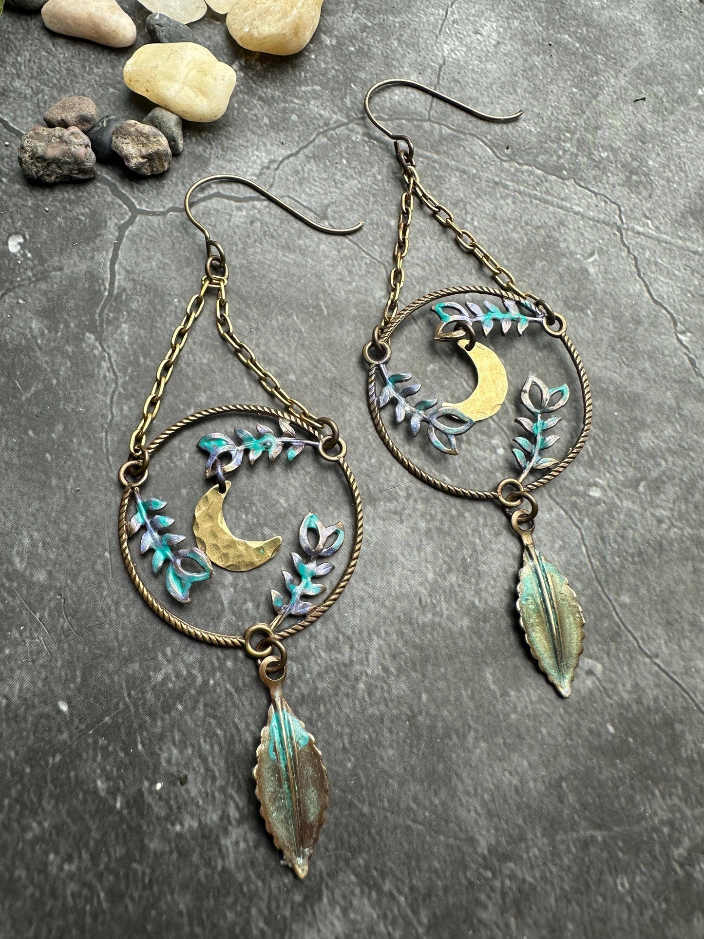 Fern Forest Moon Earrings - Iridescent Patina Brass