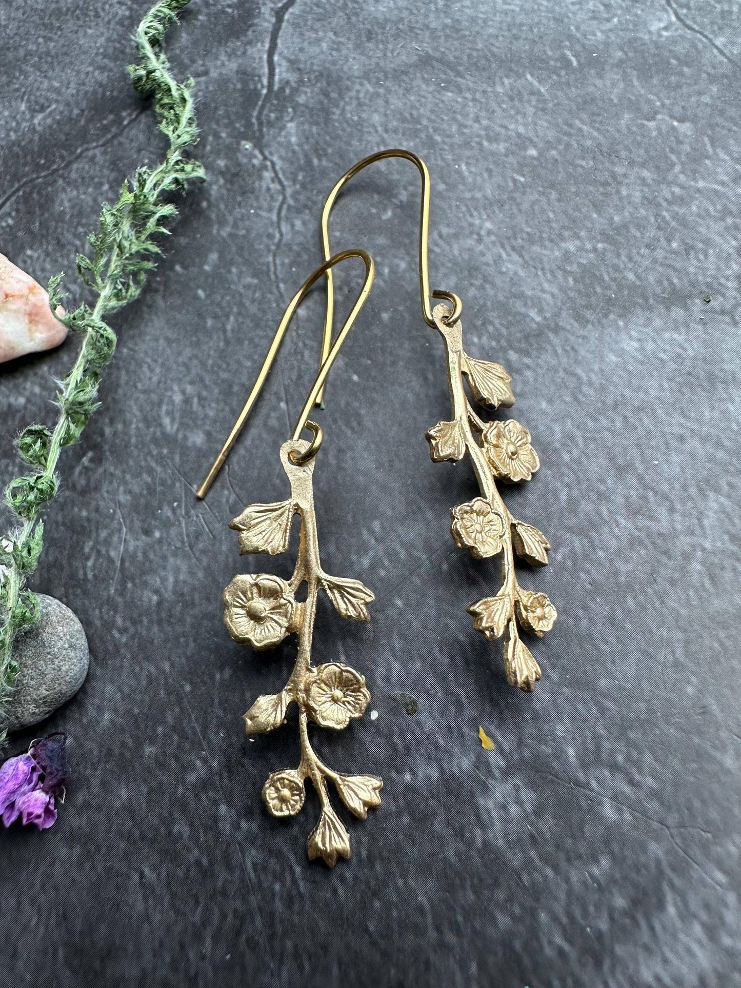 Wildflower Branch Earrings, Botanical Dangle, Brass , Nature