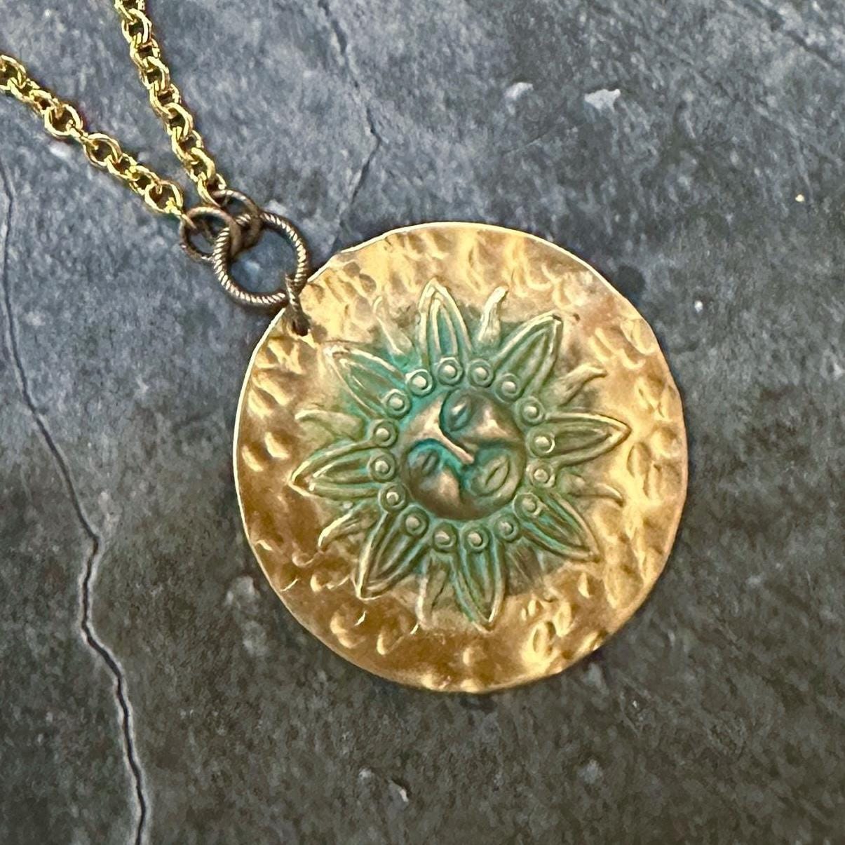Sun Medallion Necklace - Handmade Solid Beaten Hammered Brass Green Hand Patina Finish