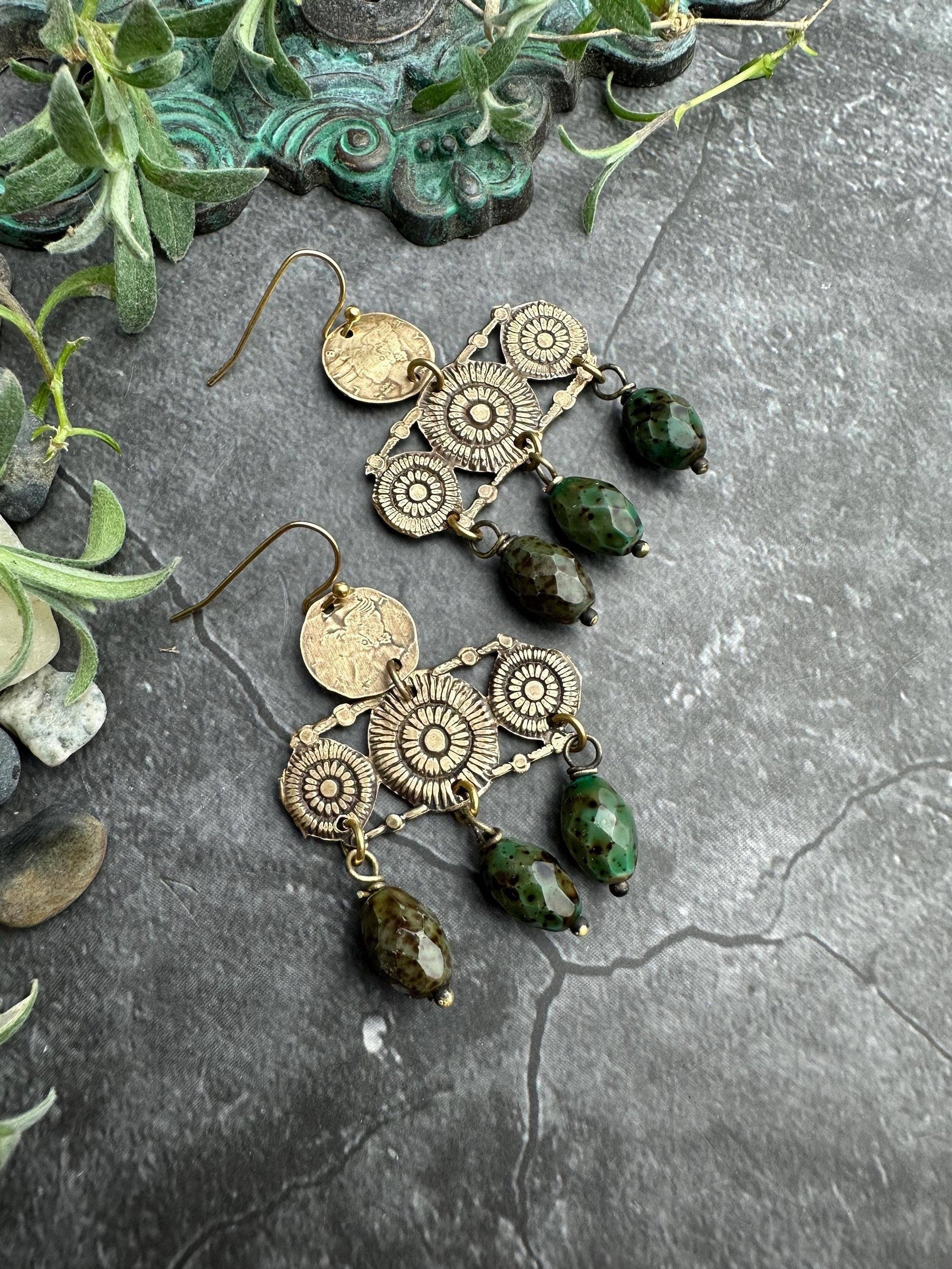 Sunburst Chandelier Earrings with Green Jasper Art Glass