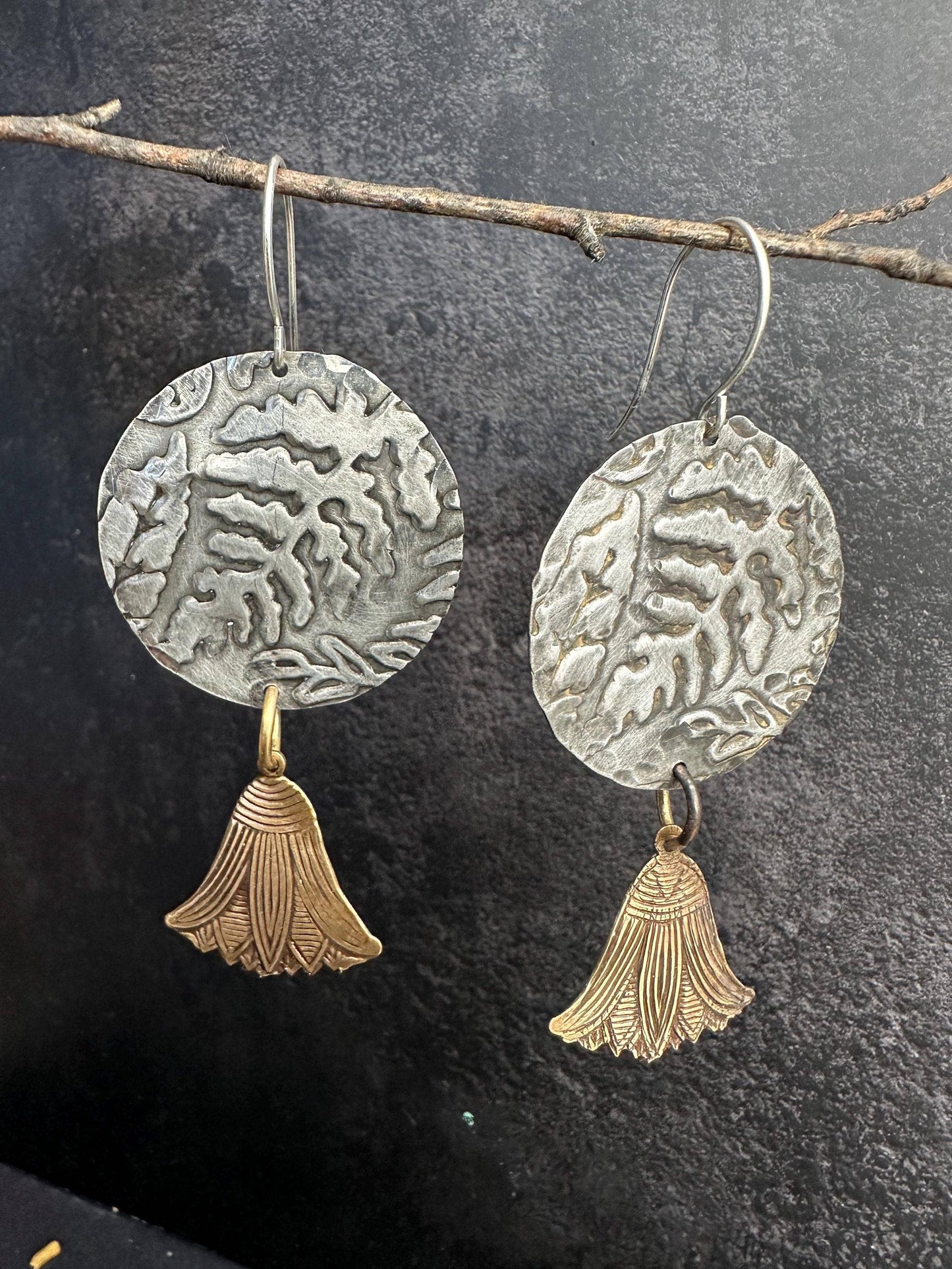 Embossed Fern Pewter Disc Earrings with Brass Drops