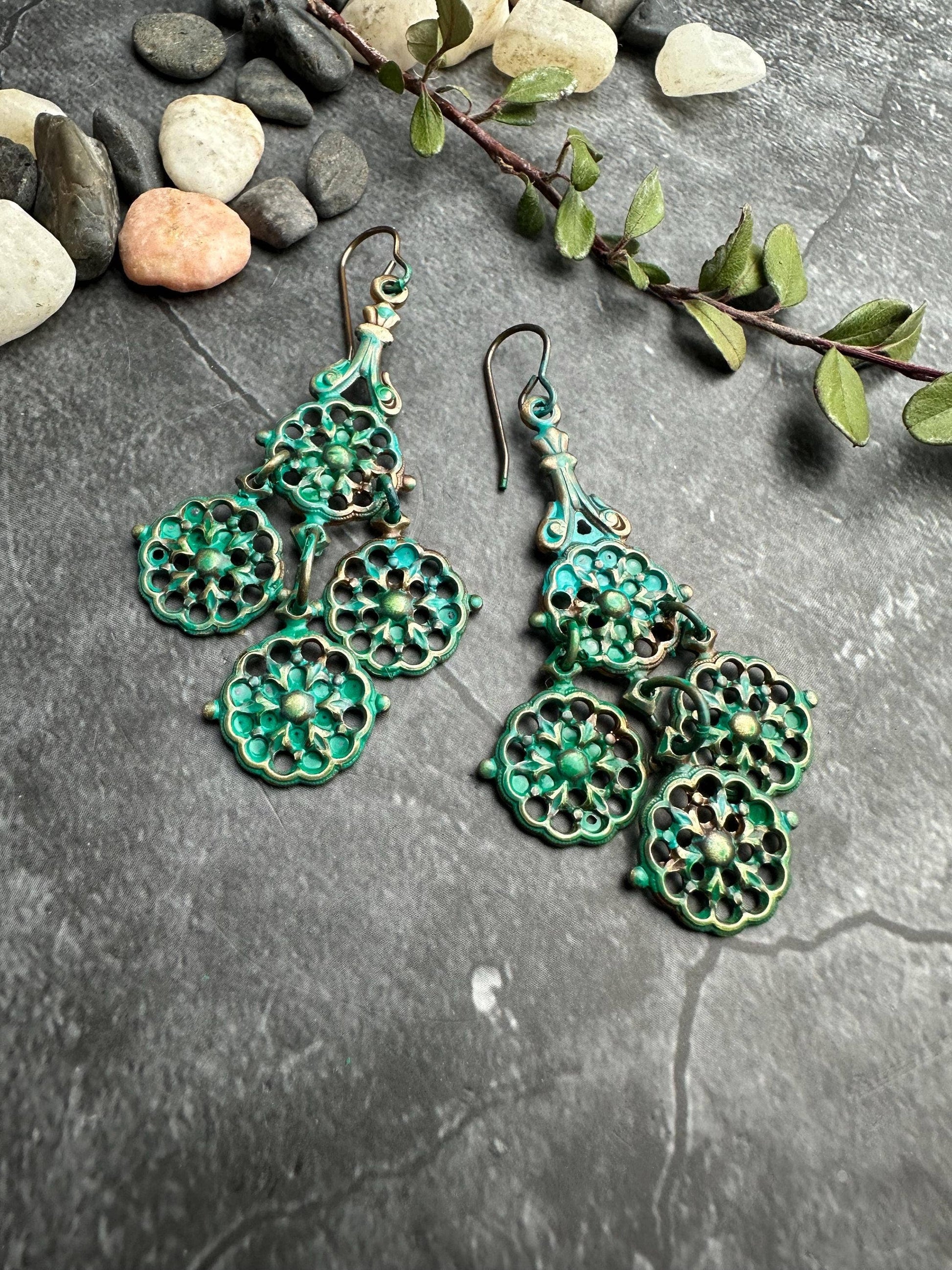 Verdigris Filigree Chandelier Earrings