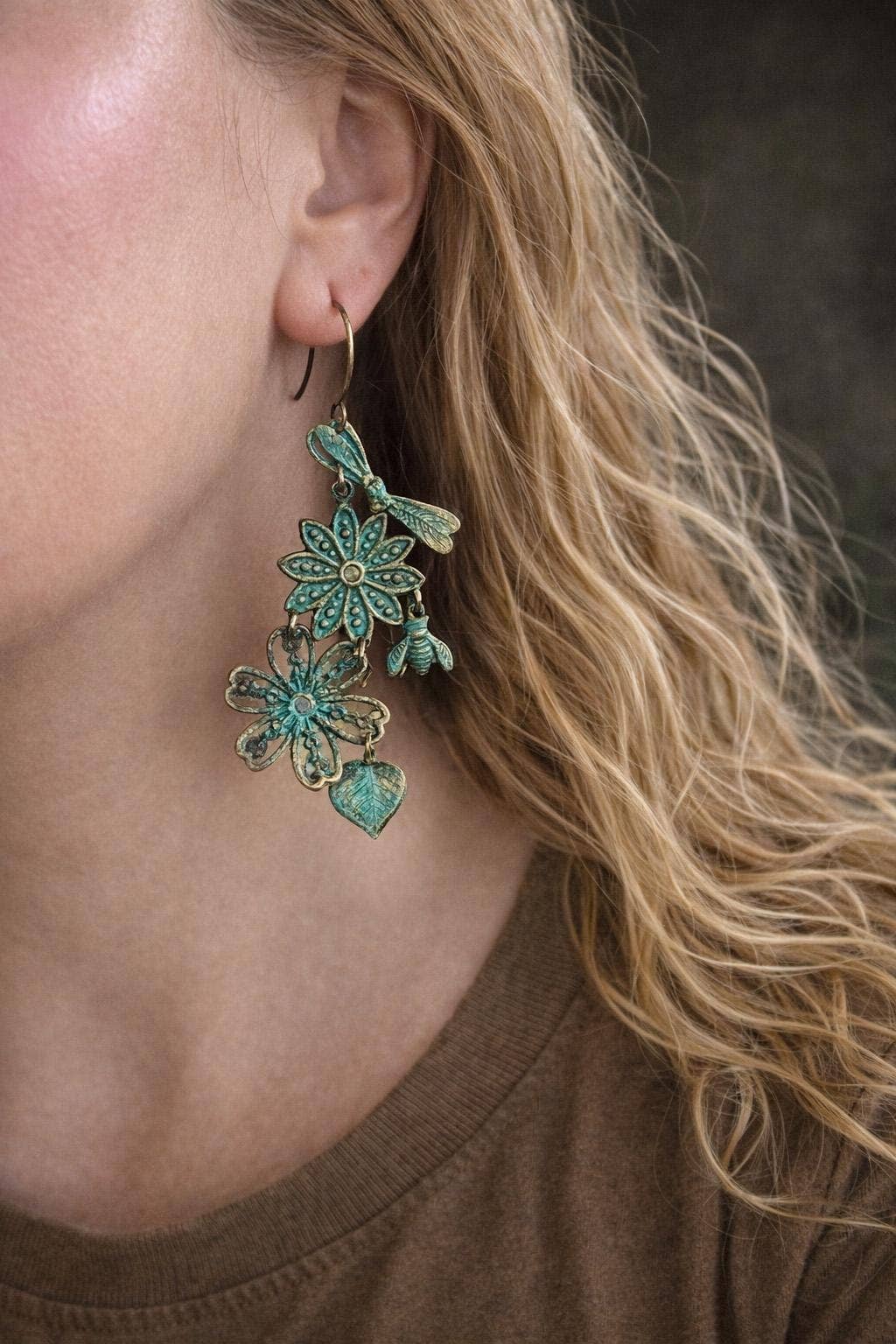 Patina Floral Insect Earrings