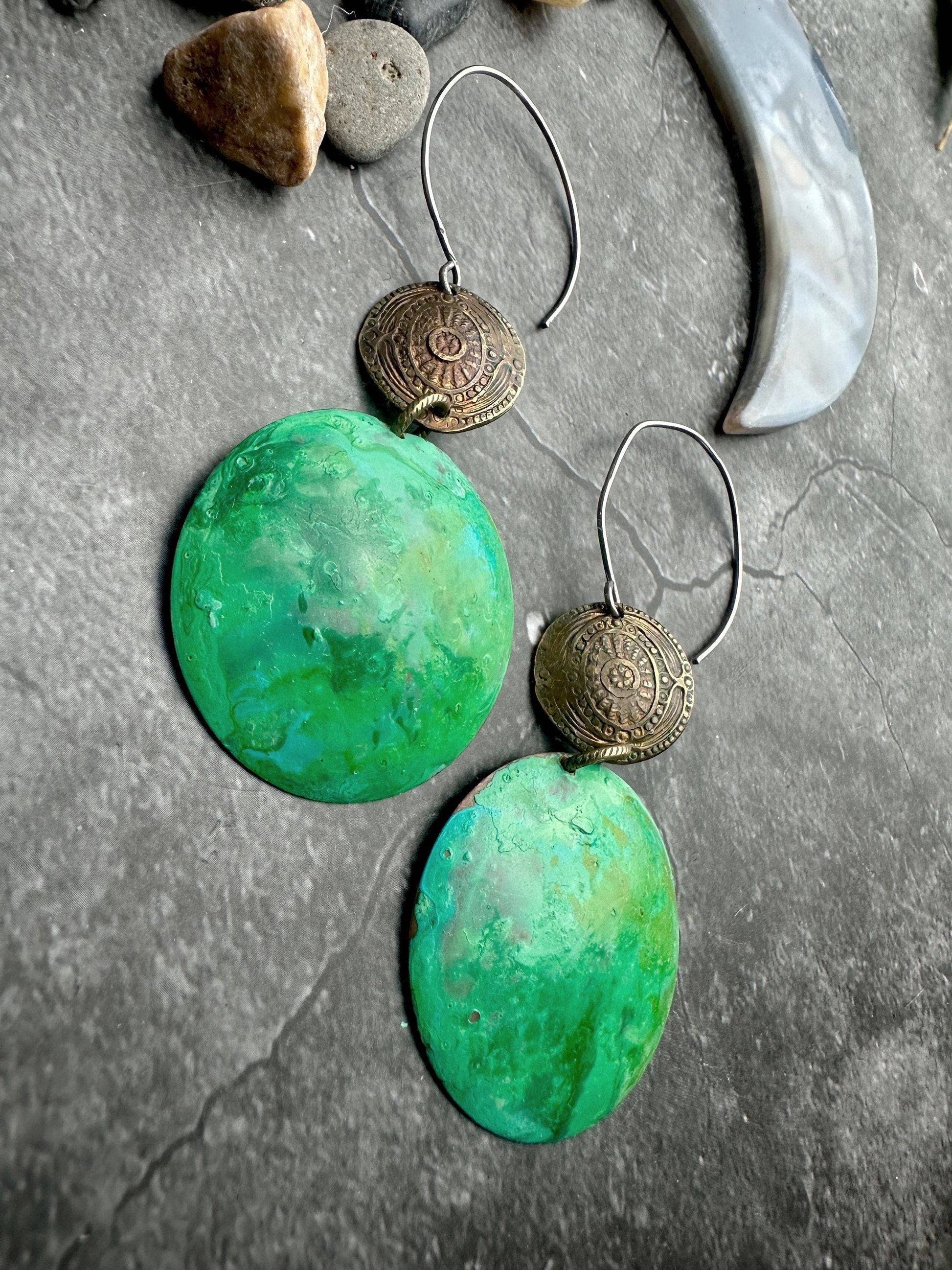 Handcrafted Hammered Green Enamel Dapped Circle Earrings