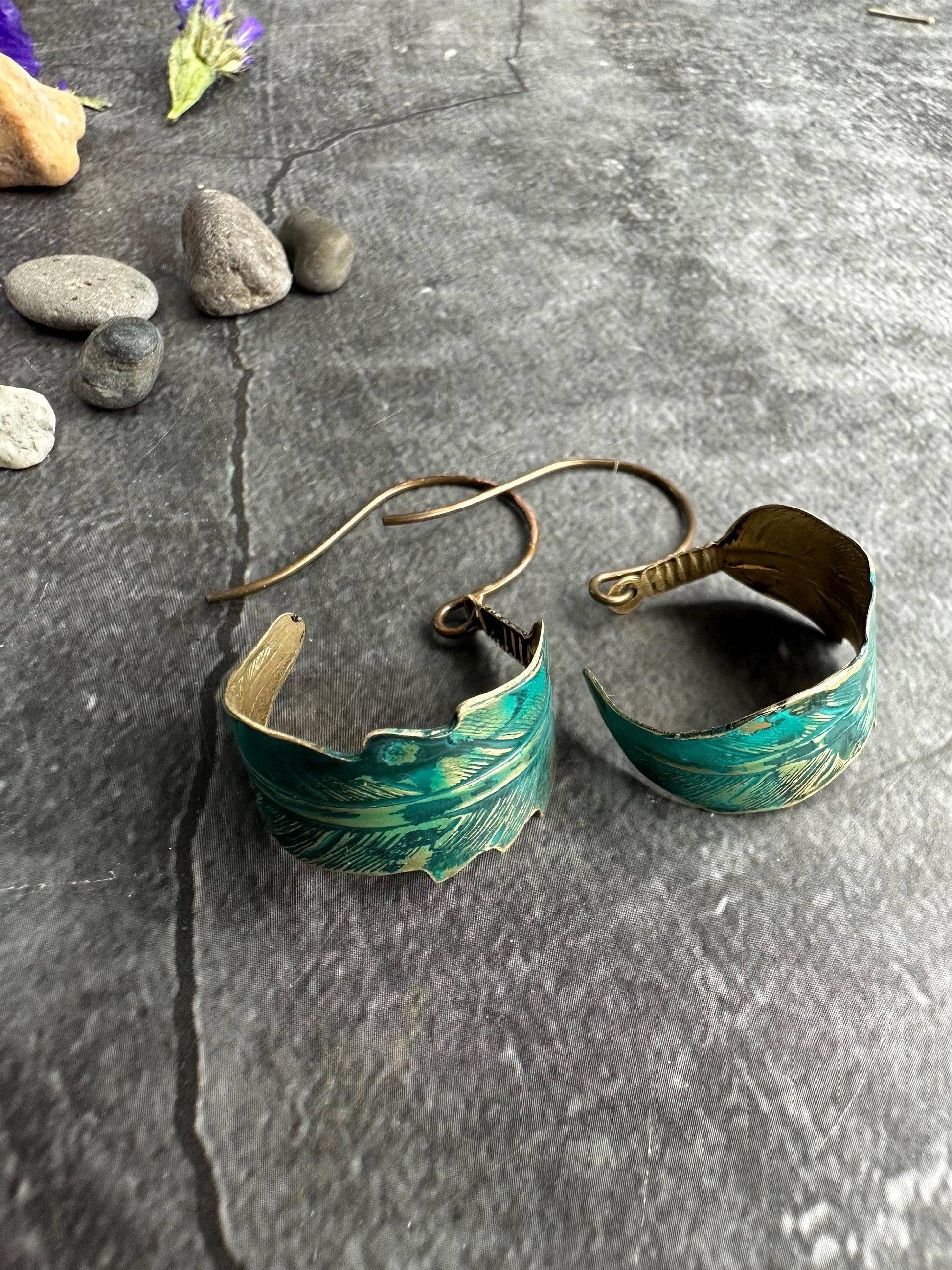 Curled Feather Earrings - Verdigris Patina Brass Dangles