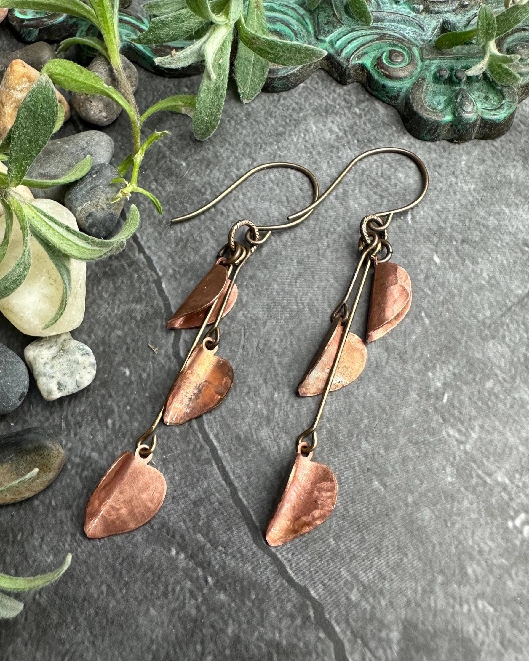 Copper Leaf Cascade Earrings - Rustic Copper Dangles