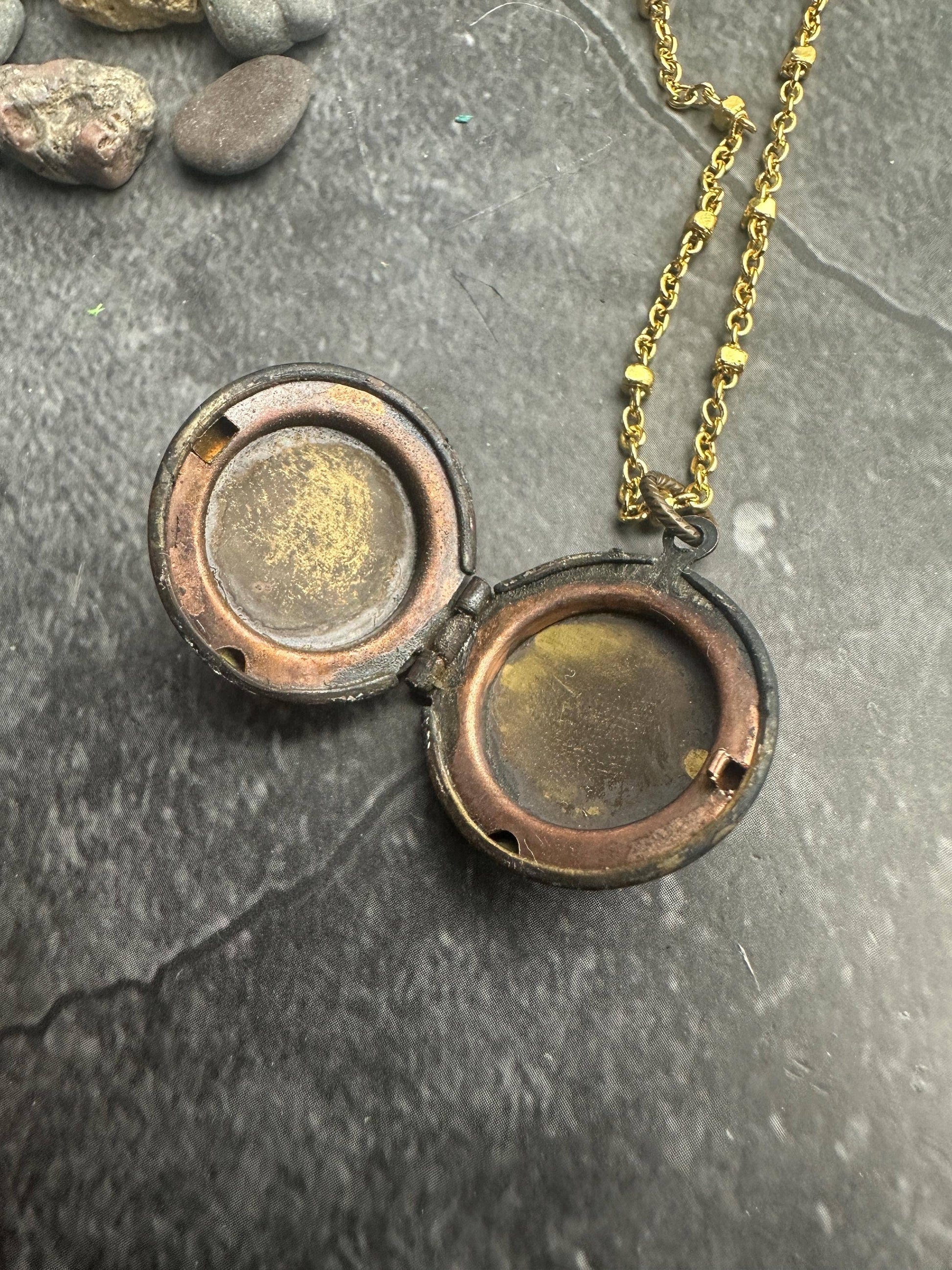 Vintage Brass Crescent Moon Locket Necklace