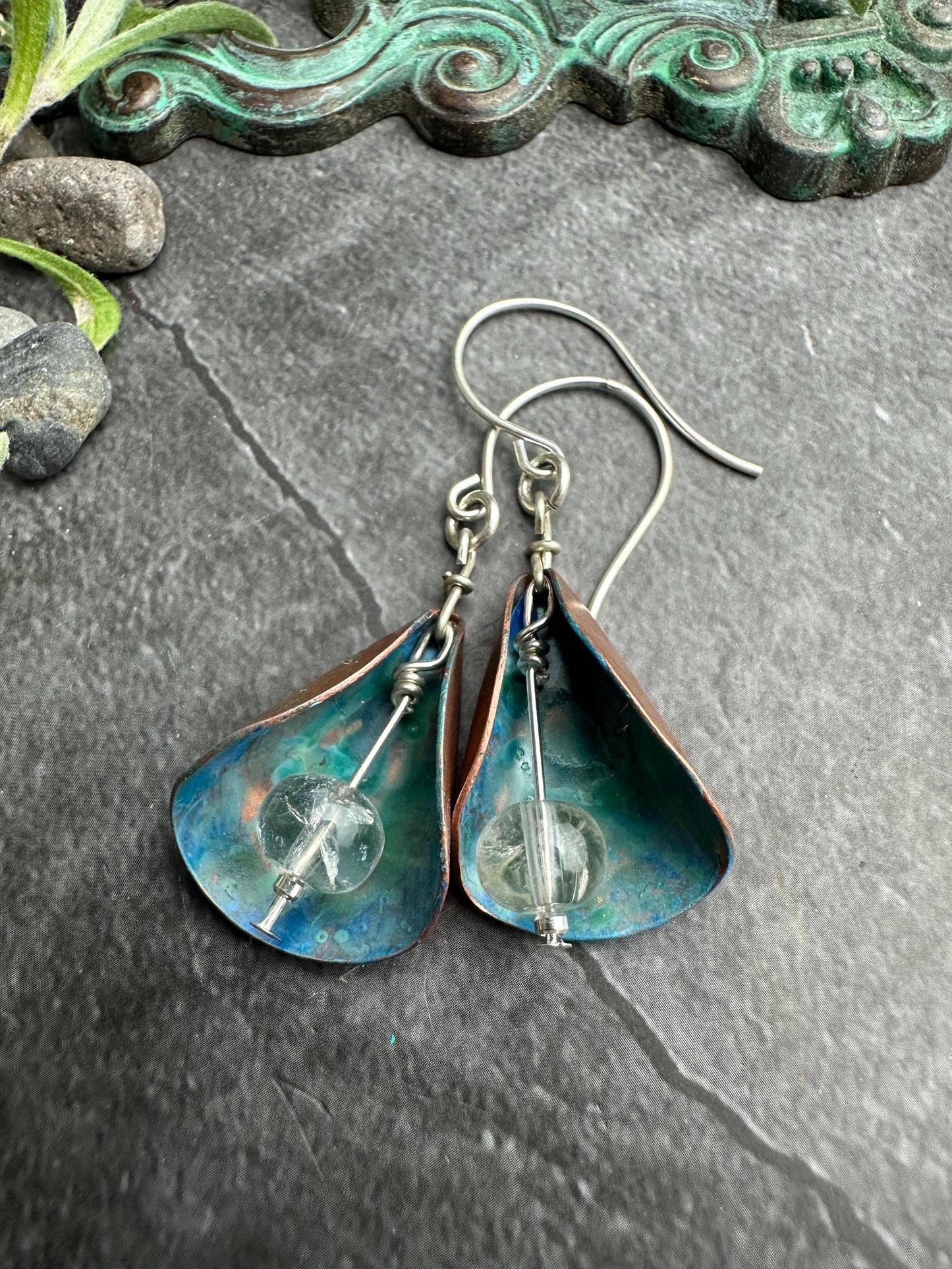 Patina Copper Lily Earrings - Crystal Quartz Bead Dangles