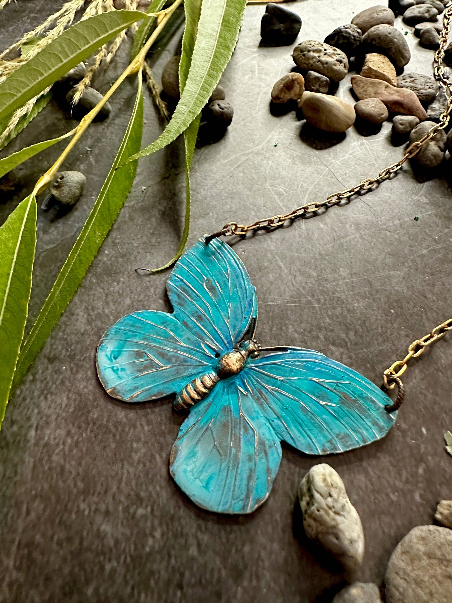 Verdigris Butterfly Necklace- Handmade Patina Solid Brass