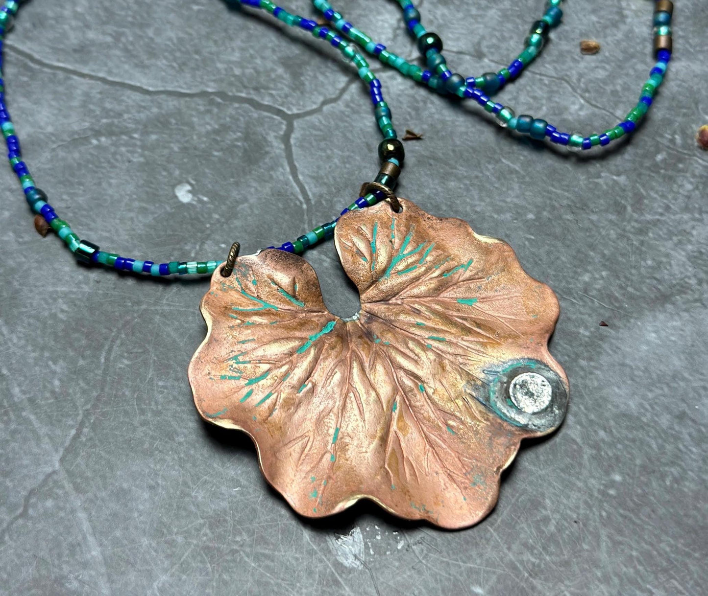 Waterlily Necklace - Handmade Beaded Soldered Brass Hand Patina Finish