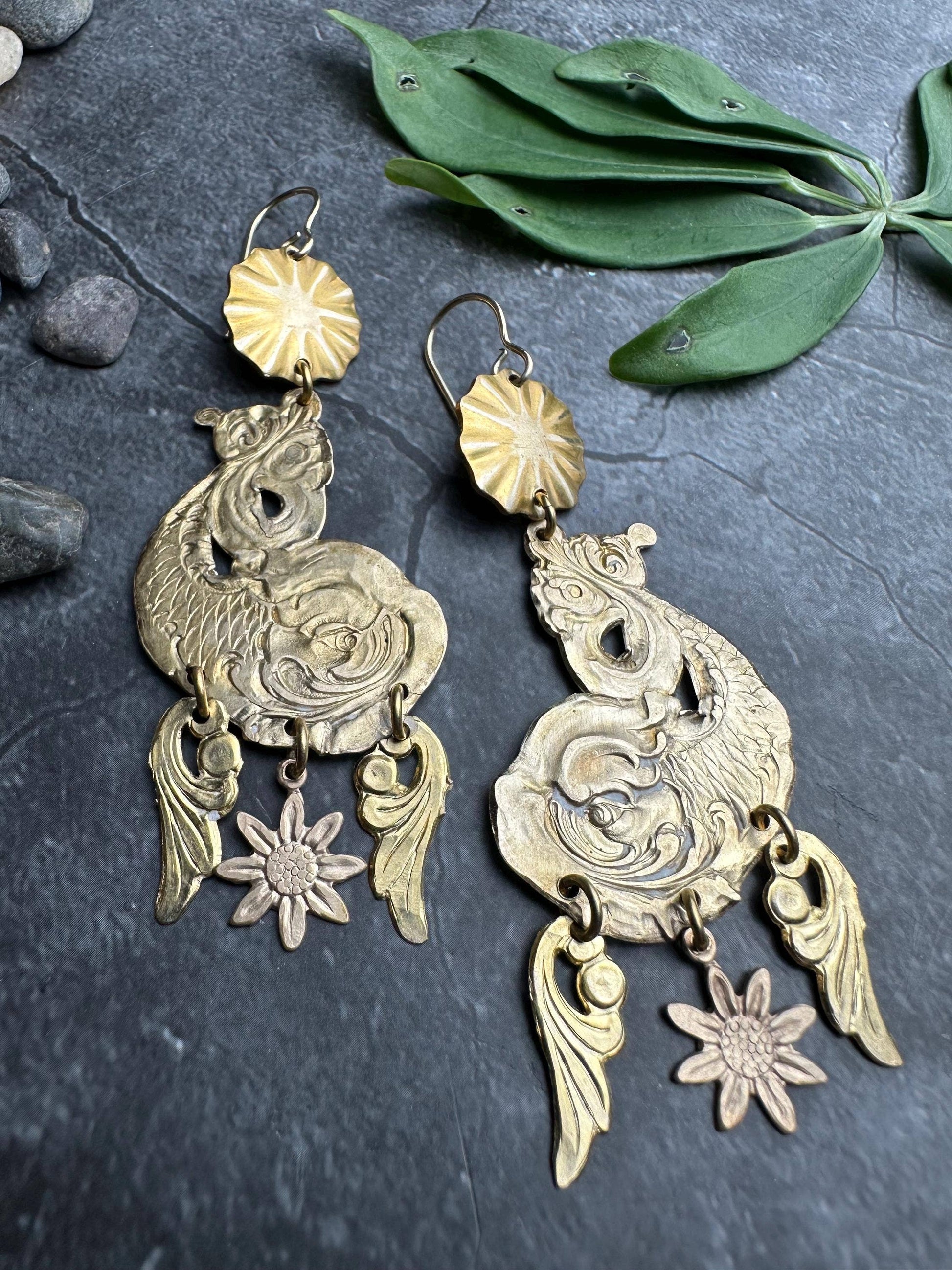 Marine Dolphin Earrings- Handmade Beaten Solid Brass