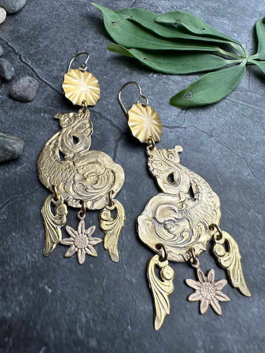 Marine Dolphin Earrings- Handmade Beaten Solid Brass