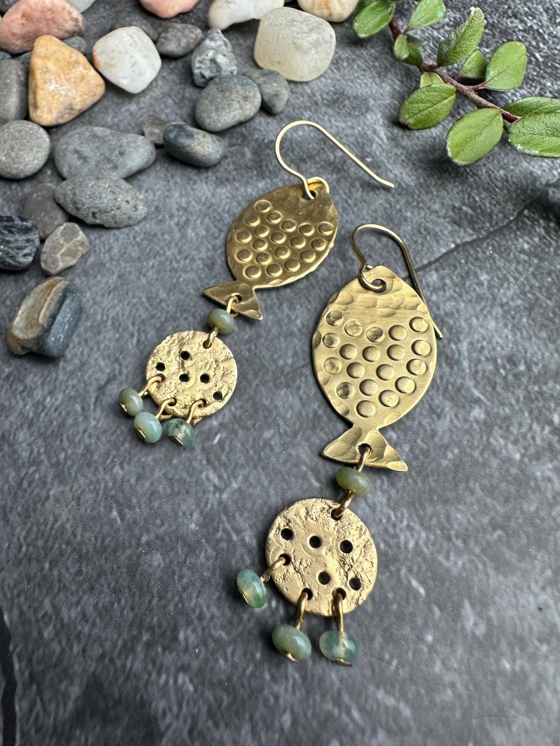 River Fish Dangle Earrings with Moss Agate