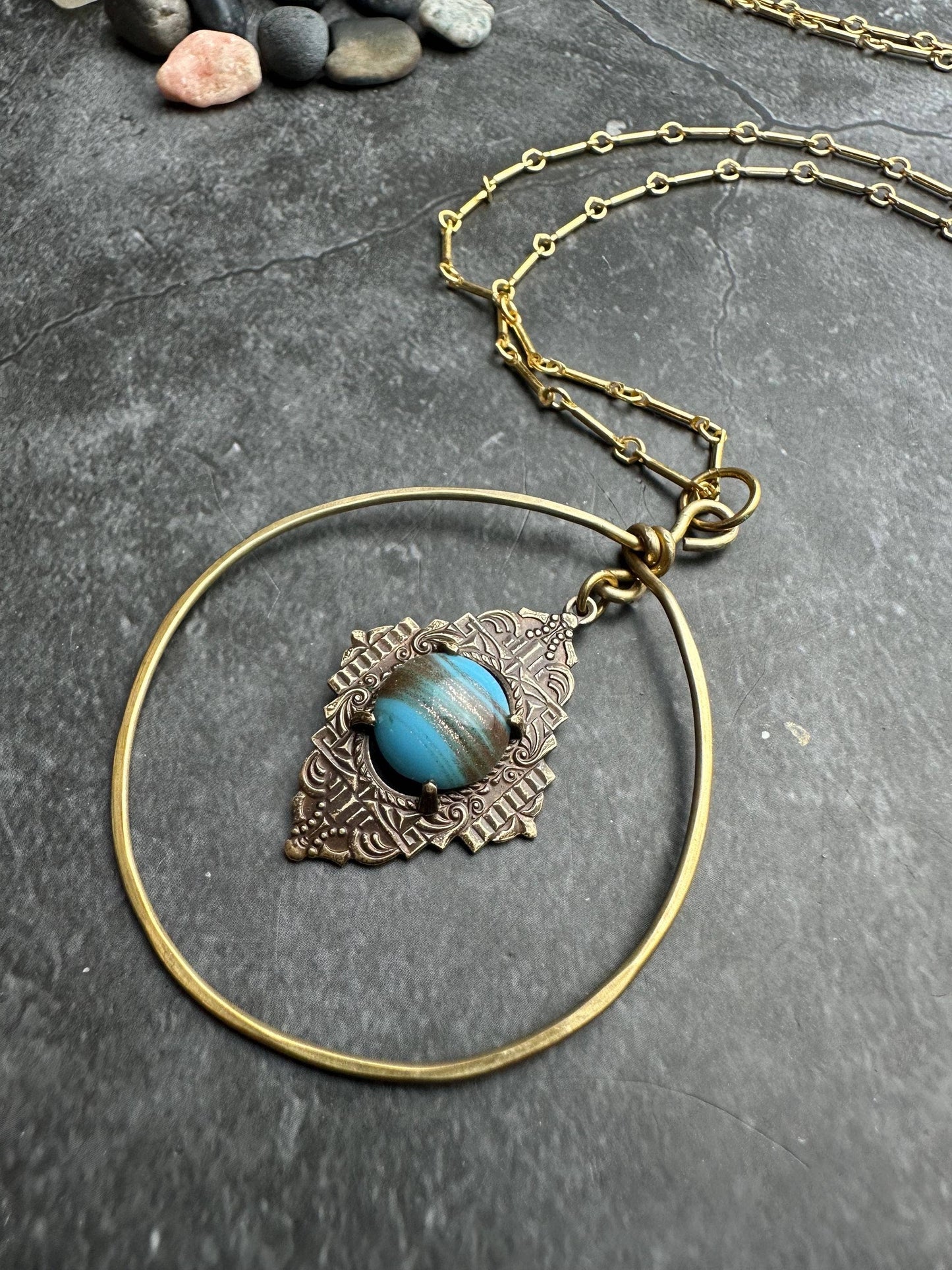 Venetian Glass Hoop Pendant Necklace - Brass Halo Pendant